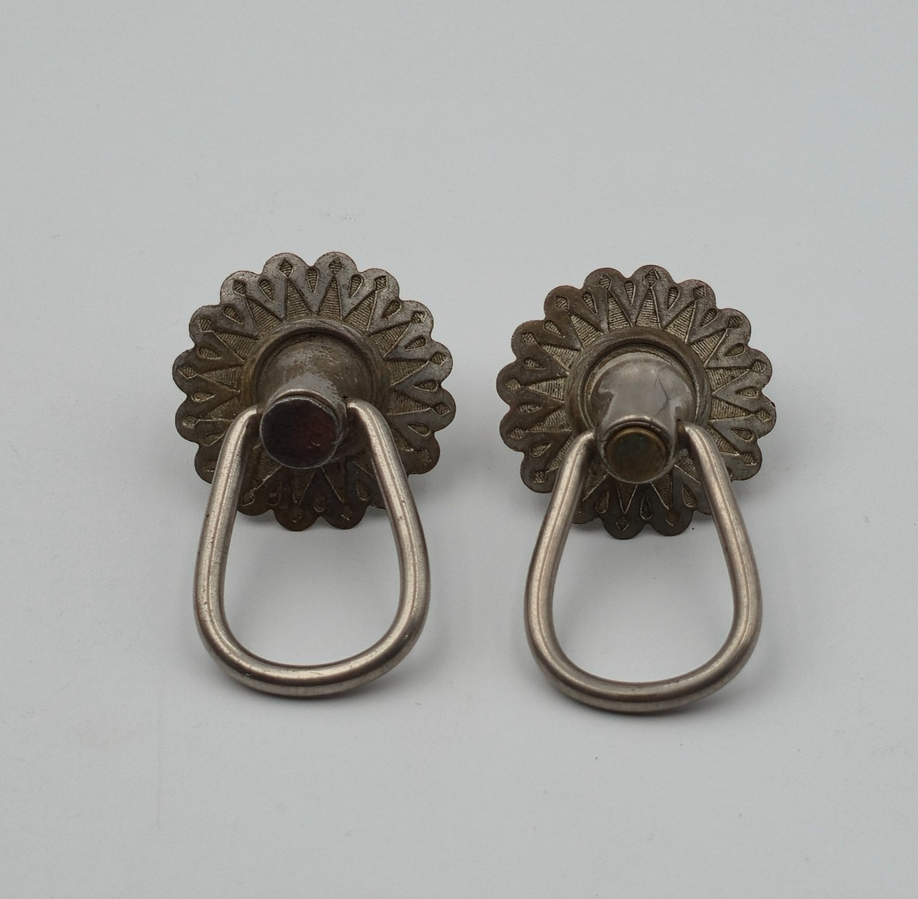 Pair Vintage Nickel-Plated Brass Drop Pulls Sunburst Backplates 2¼” Hardware