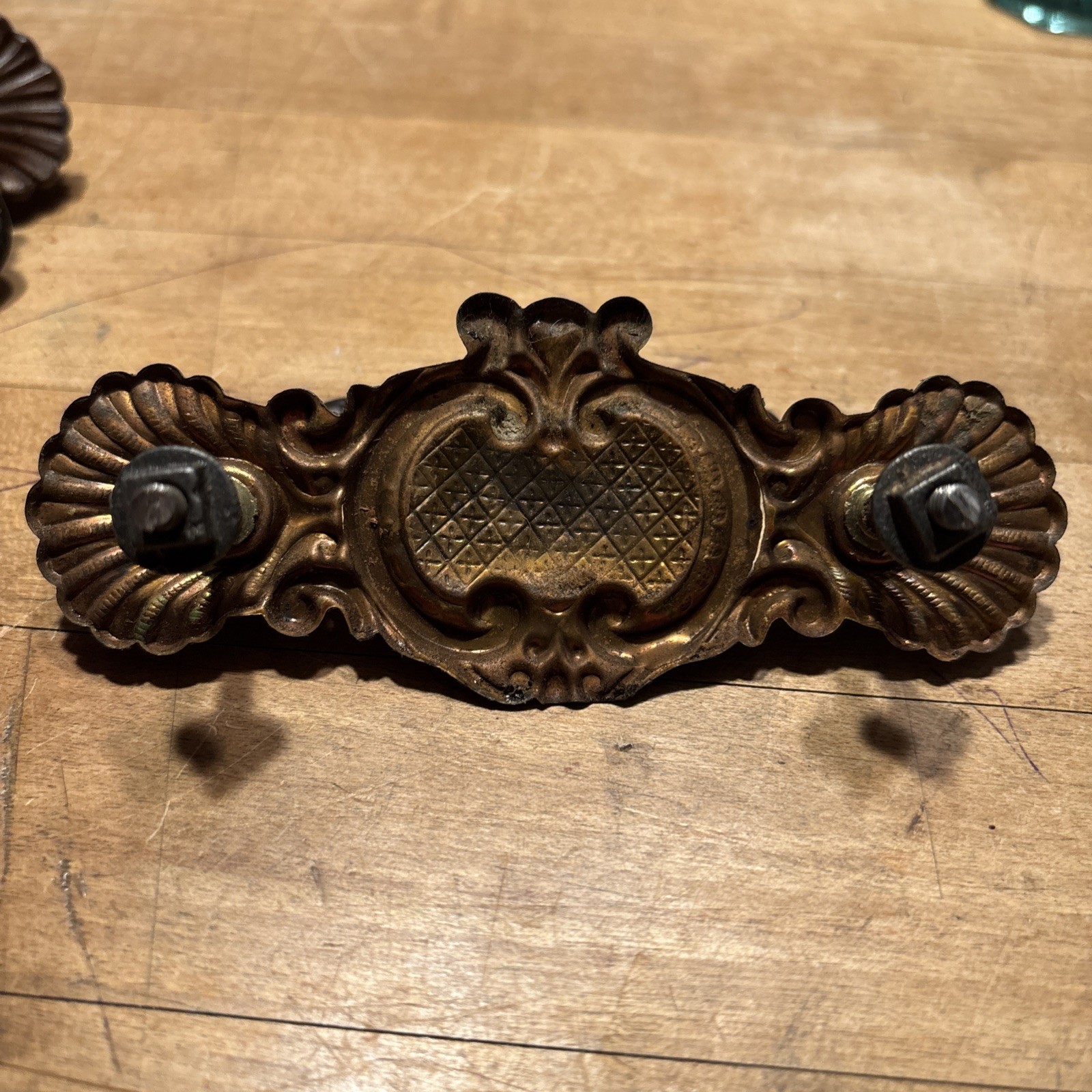 ANTIQUE Pair Of Brass Pressed Drawer Pulls Iron Bail 3” On Center