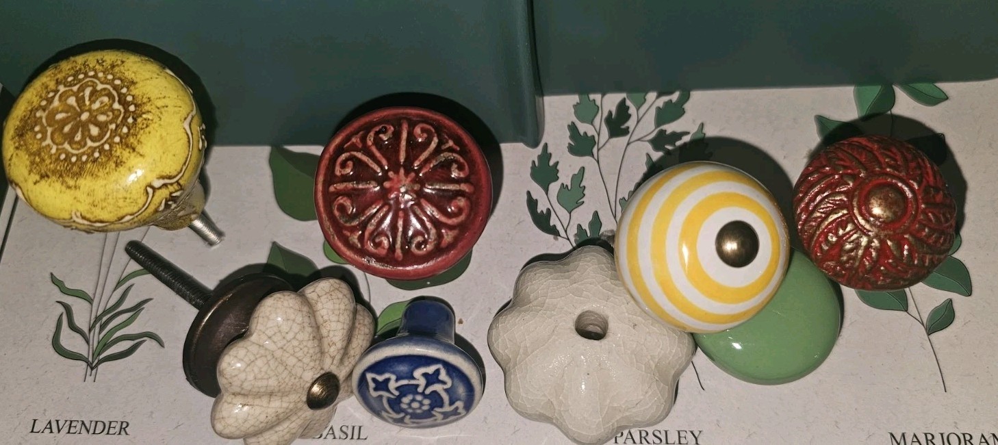 LOT of 8 Unique Drawer Pulls Cast Iron, Enameled, Ceramic, Wood, Porcelain