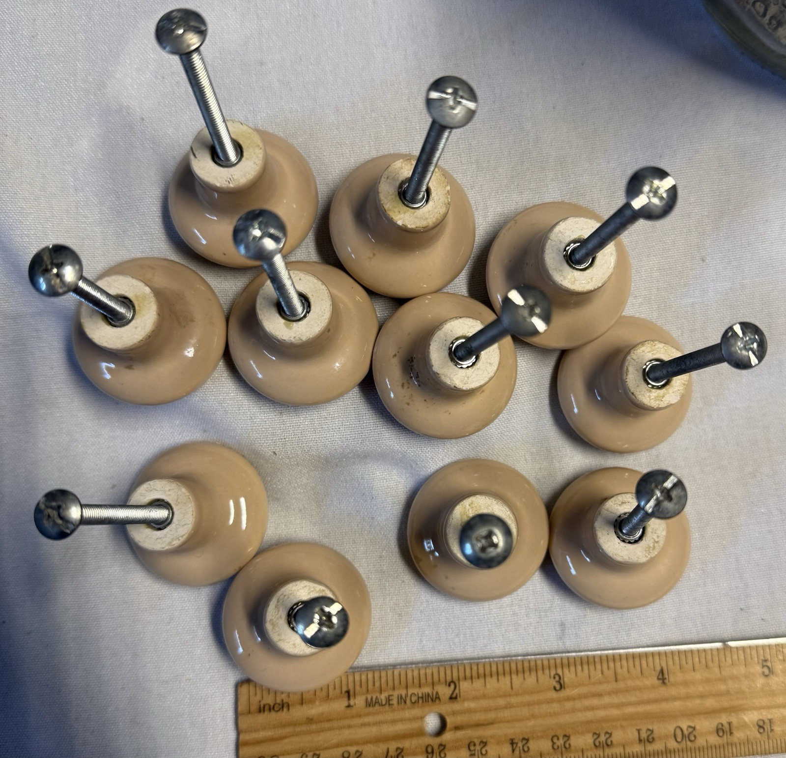 Vintage Lot of 11 Ceramic Beige Knobs Drawer Pulls