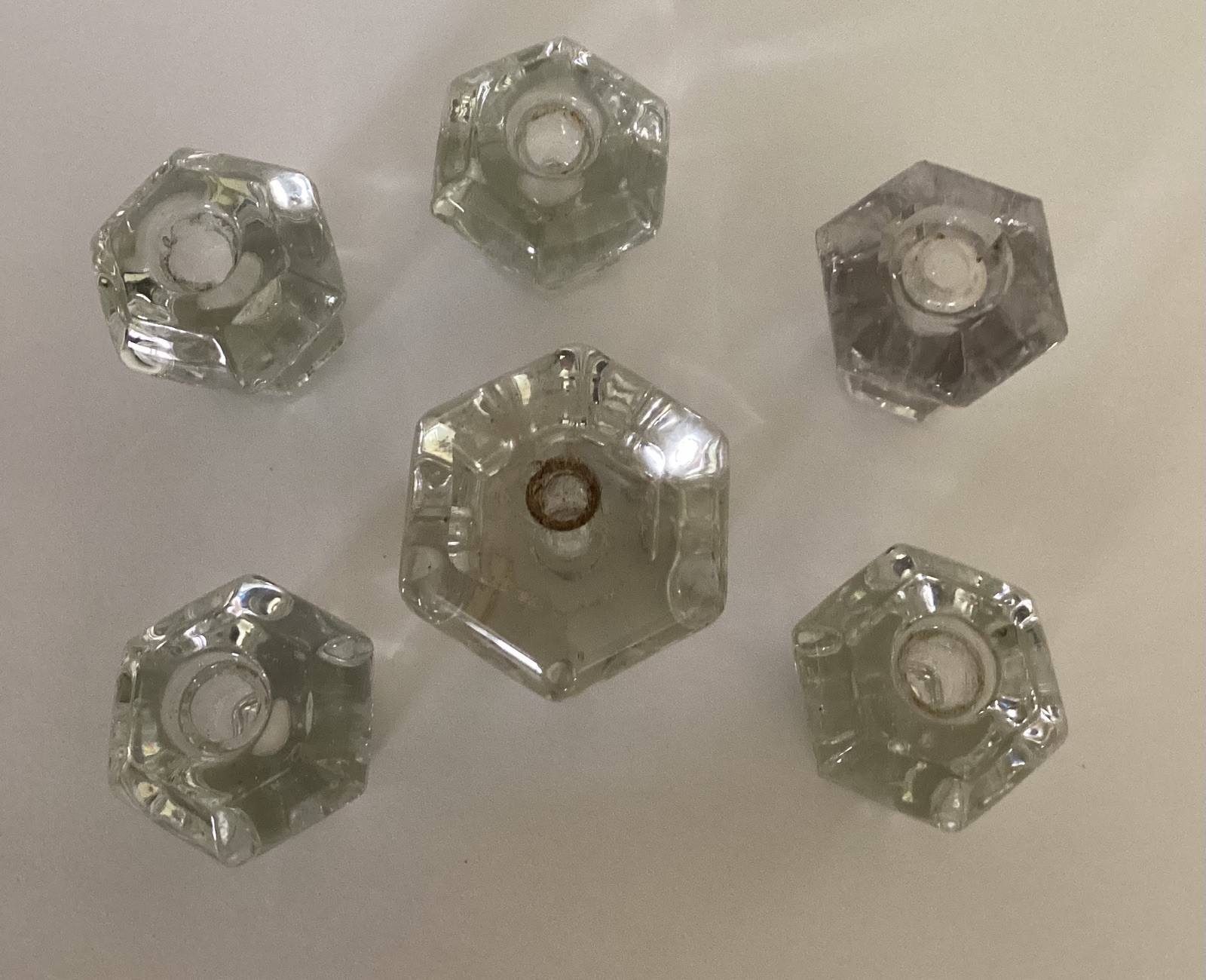 6 Vintage Depression Style 2 Size Hexagon Clear Glass Drawer/ Cabinet Knob Pulls