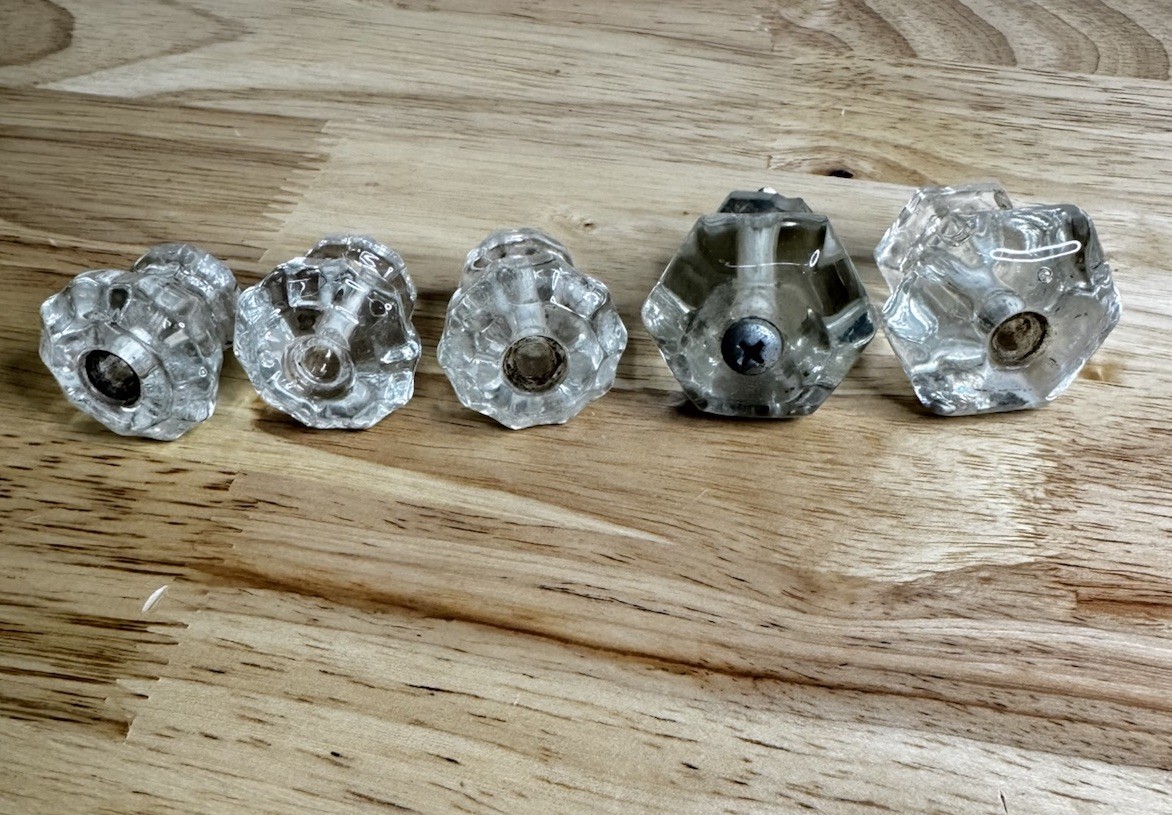 Vintage Glass Hexagon Drawer Cabinet Knob set Of 5 great condition 2 Small 2 Big