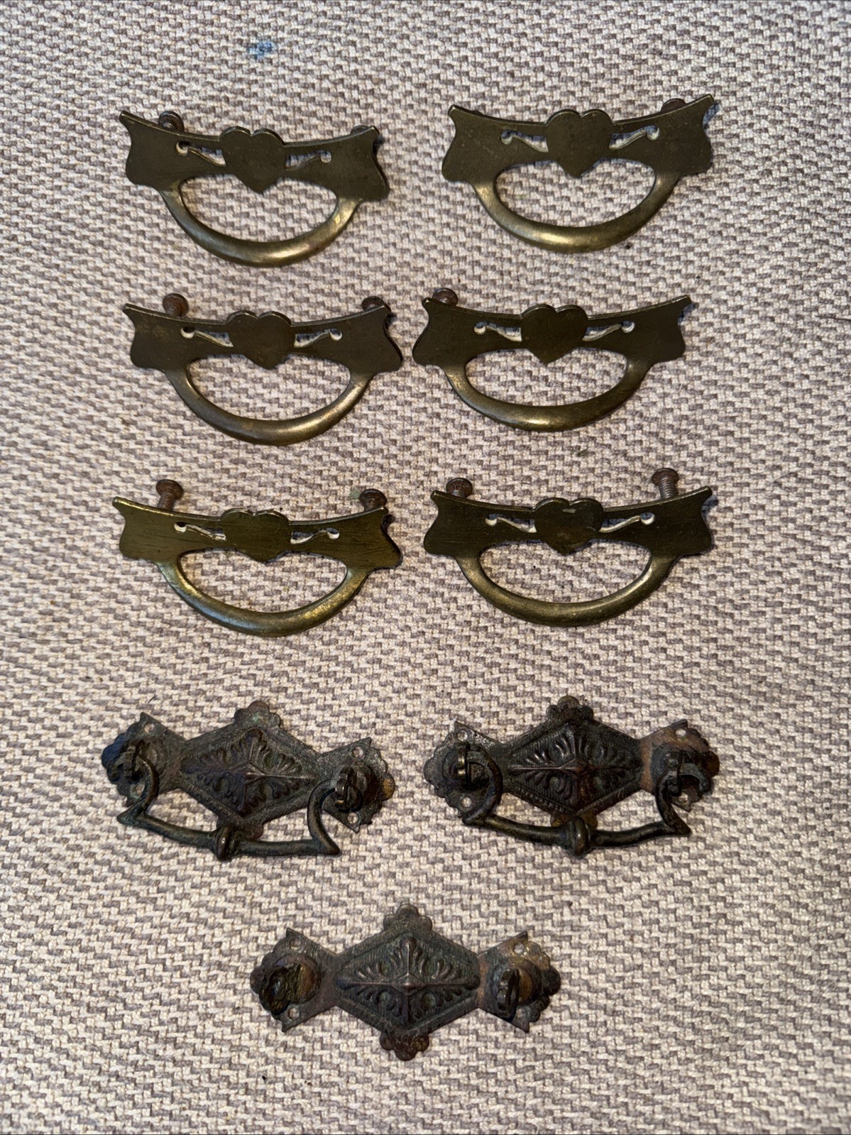 Lot of 9 Antique Dresser Drawer Pulls Handles Brass Bronze & Bronze Tone “1812”