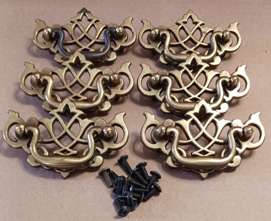 6 KBC Solid Cast Metal Drawer Pulls Furniture Salvage Pierced Chippendale