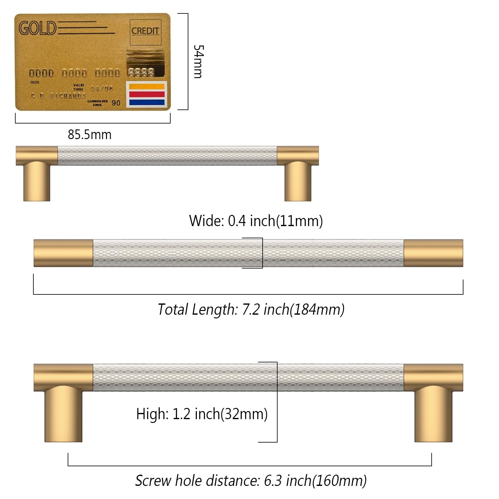 Amerdeco 10 Pack Brushed Nickel And Gold Knurled Cabinet Pulls 6.3 Inch Hole
