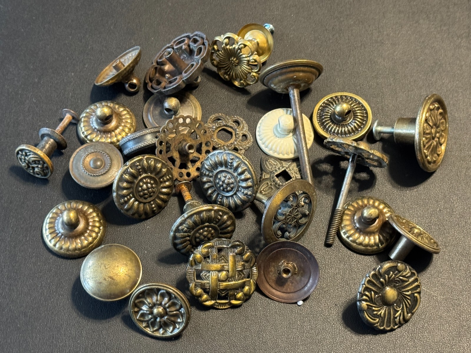Lot 25 Vintage Antiqued Brass Furniture Drop Bail Drawer Pull Mounts/Backplates