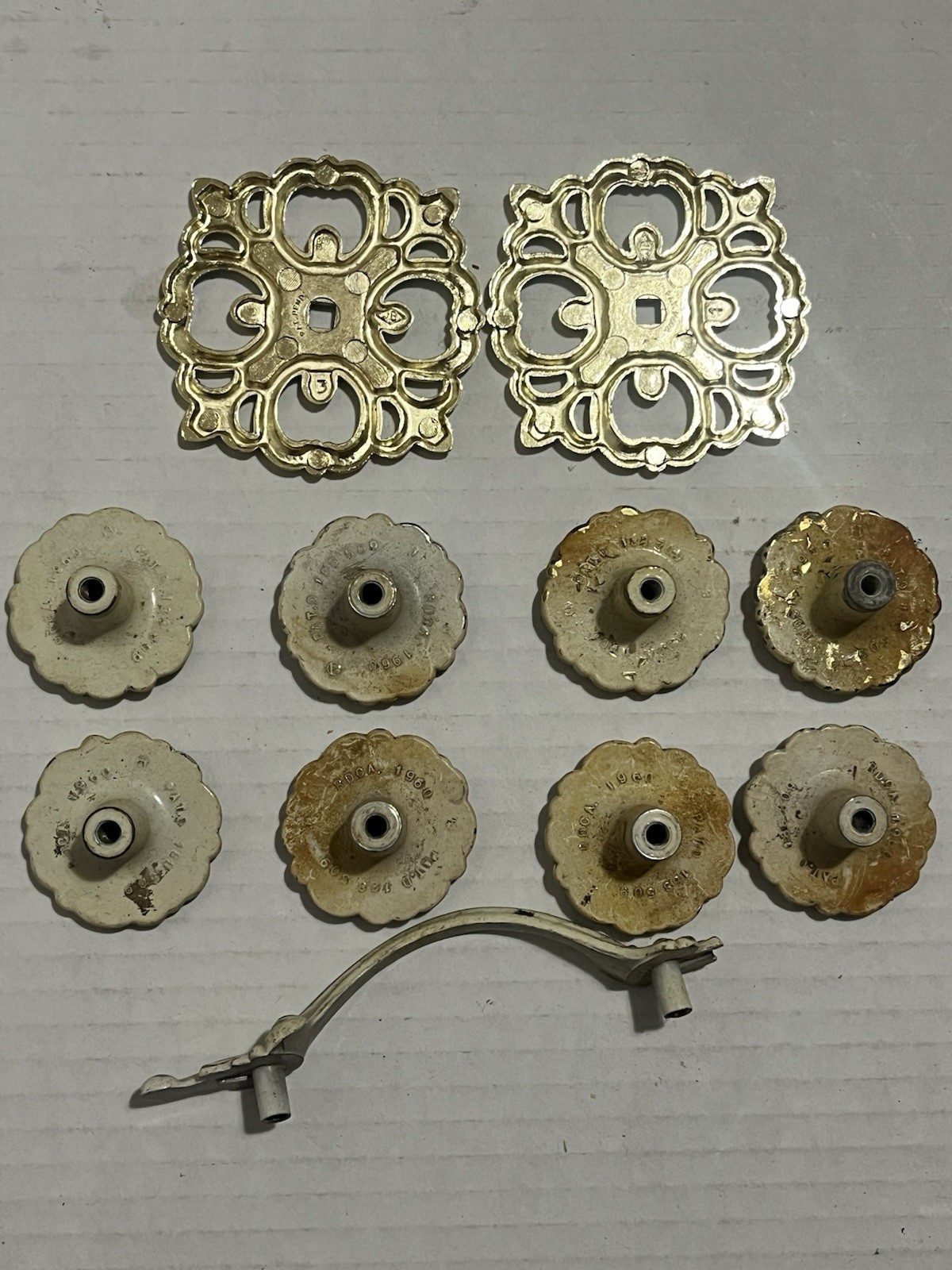 Lot of Vintage Of Floral French Provincial Drawer Knobs Pulls White Brass 1960s