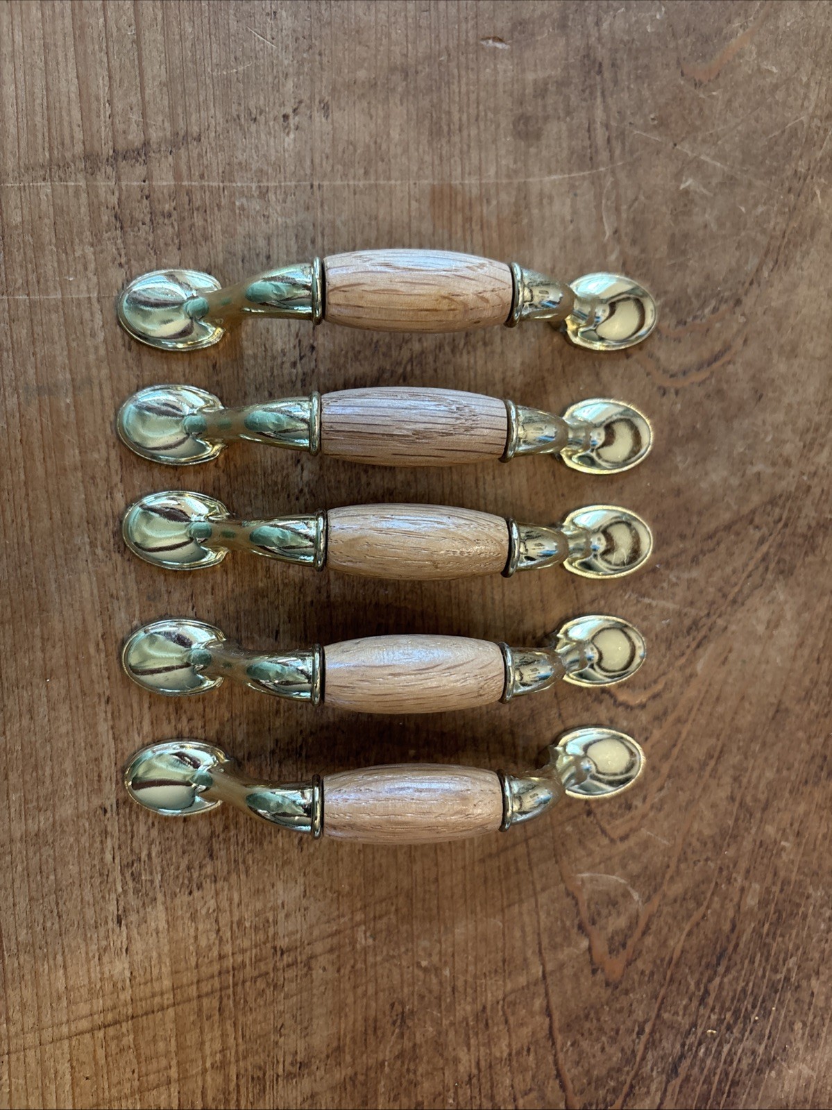 5 Drawer Pull Handles Brass & Wood Fixed Grip 5″ Wide