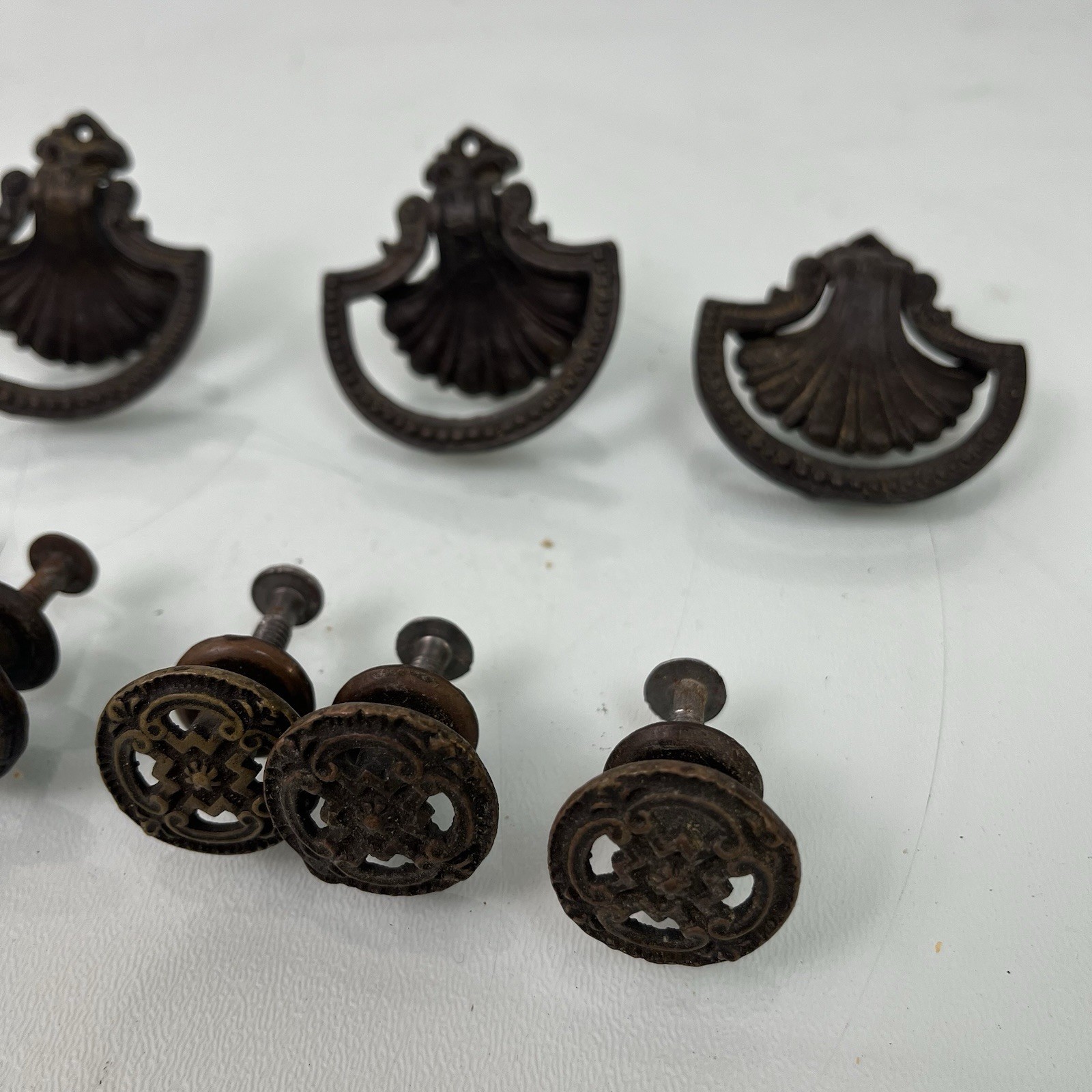 Vintage Victorian Art Nouveau Aged Brass Drawer Drop Pull Shell w/ Knobs LOT
