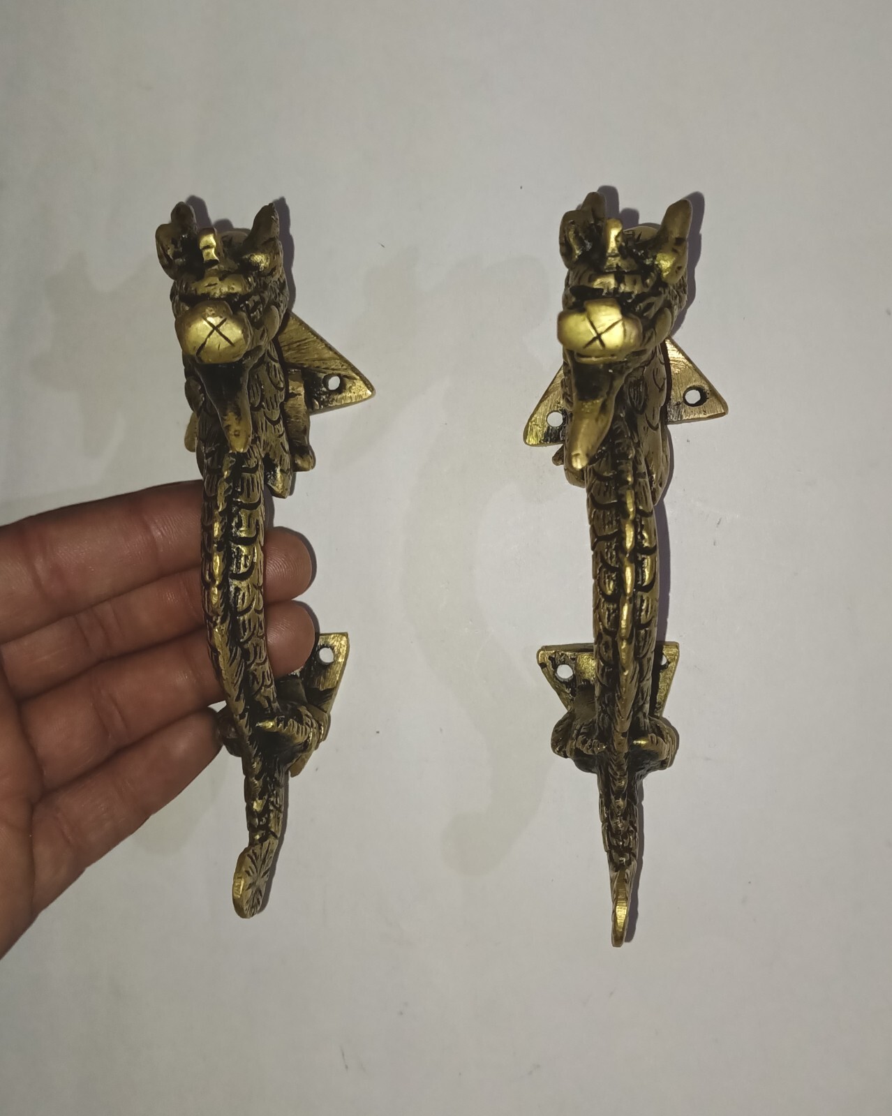 Fire Dragon Design Door Handle Pair Brass Feng Shui Theme Drawer Pull Set GTX