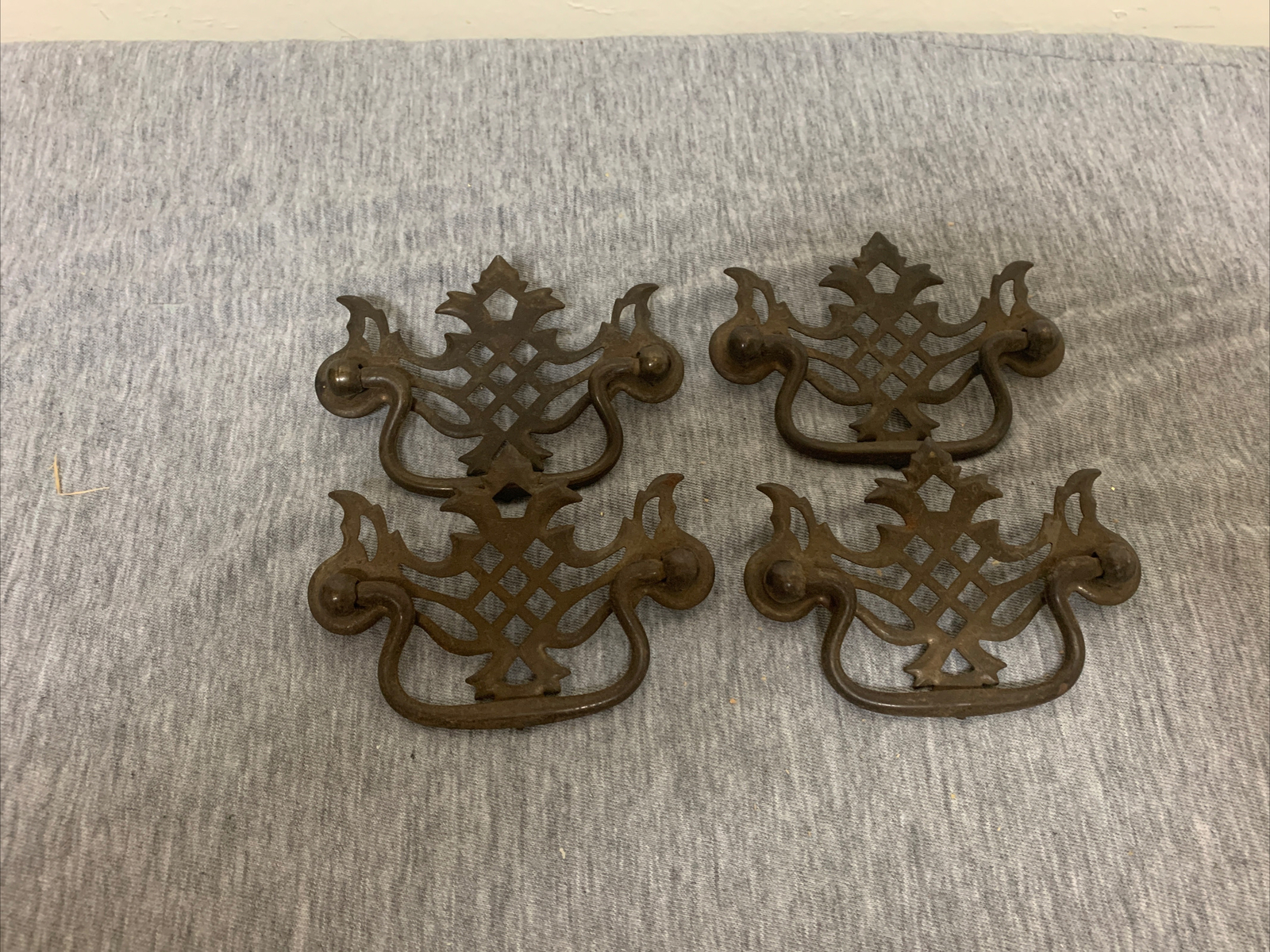 Vintage Brushed Brass Batwing Handle Drawer Pulls Lot of 4