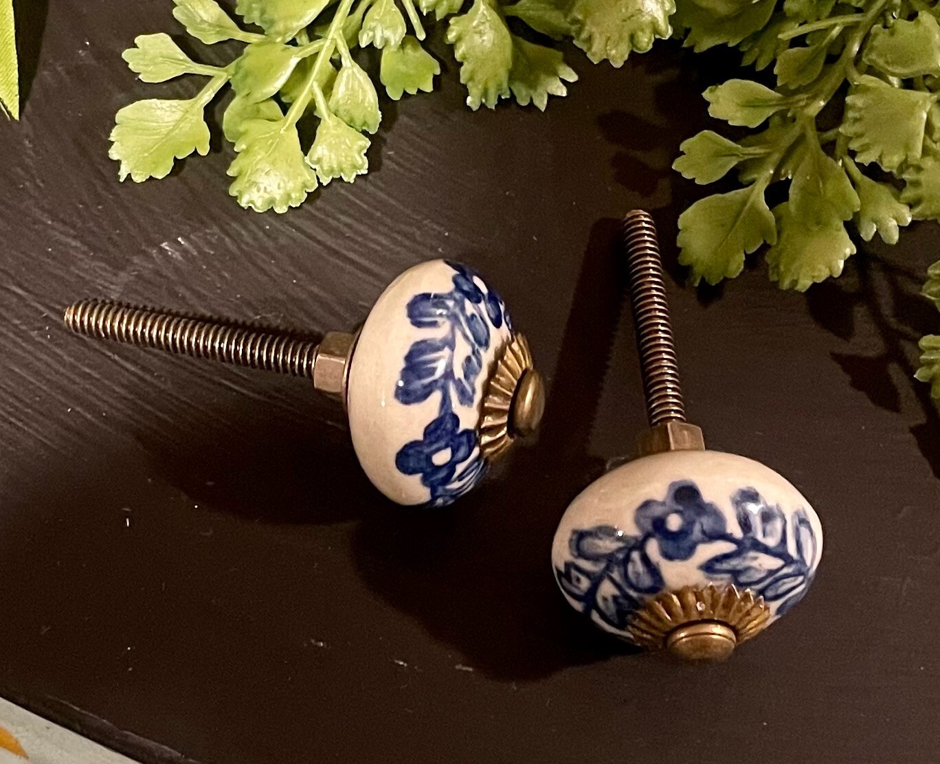 Vintage Antique Drawer Pulls Handles Cobalt Flower Floral Cabinets door Knob