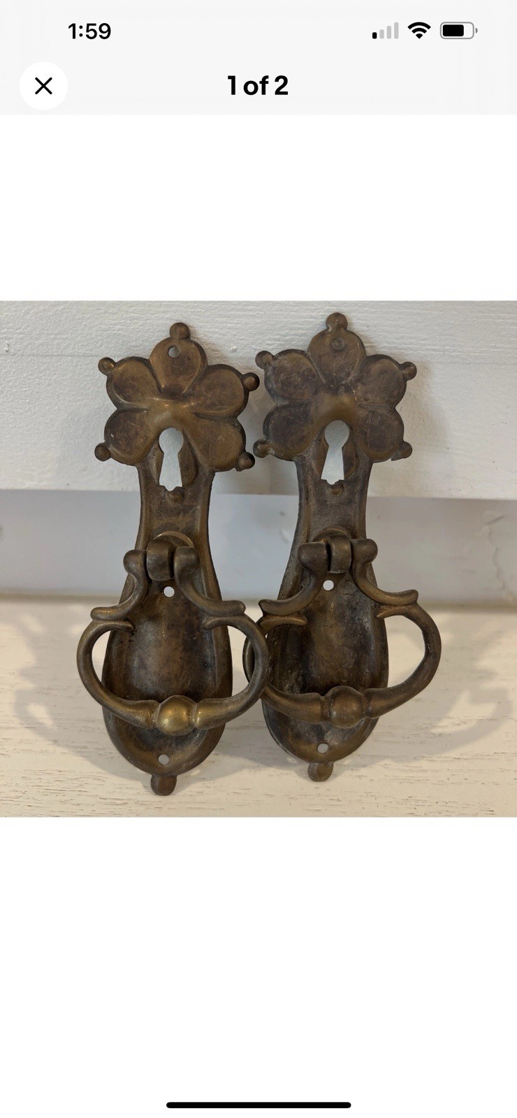 Antique Vintage Drop Ring Star Flower Drawer Pull Brass Lot of 2 Key Hole