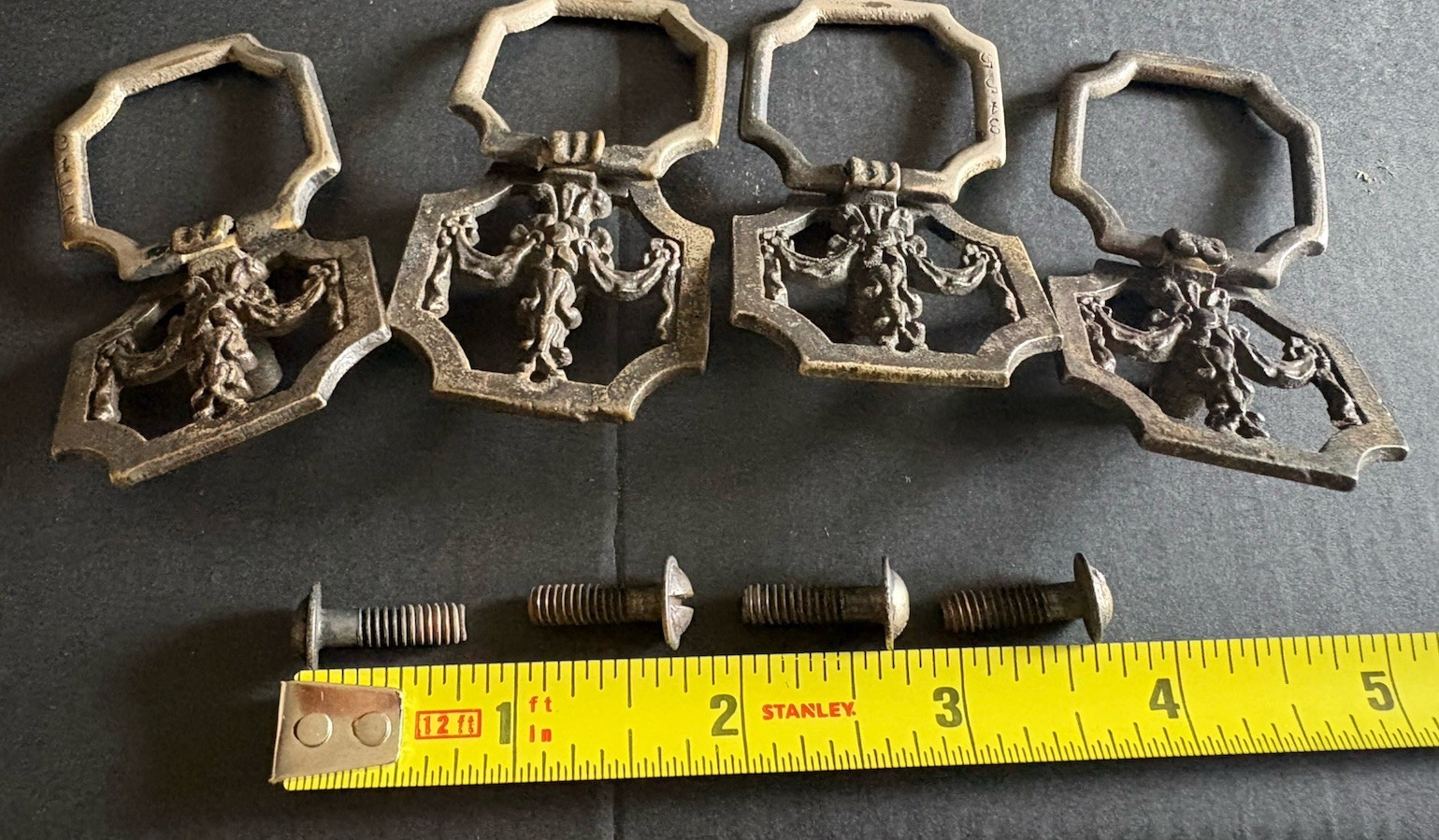 4 antique hardware drop ring drawer pull Set # 3455 Rococo Inspired Hexagonal