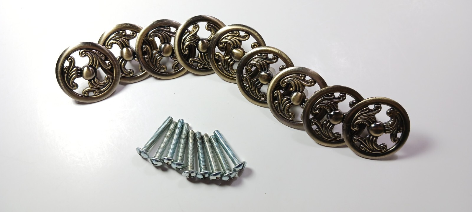 Set of 9 Brushed Nickel Ornate Vintage Round Cabinet Drawer Knob Pulls