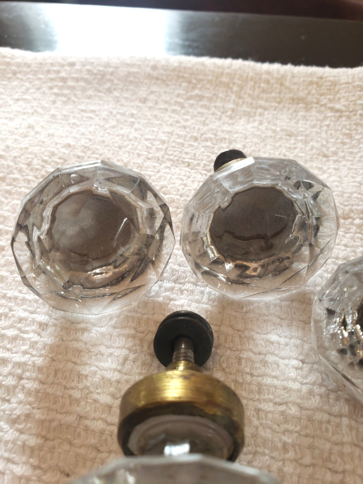 Vintage Set of 6 Glass & Brass Octagonal Drawer Pull Knobs 1.5″ Diameter