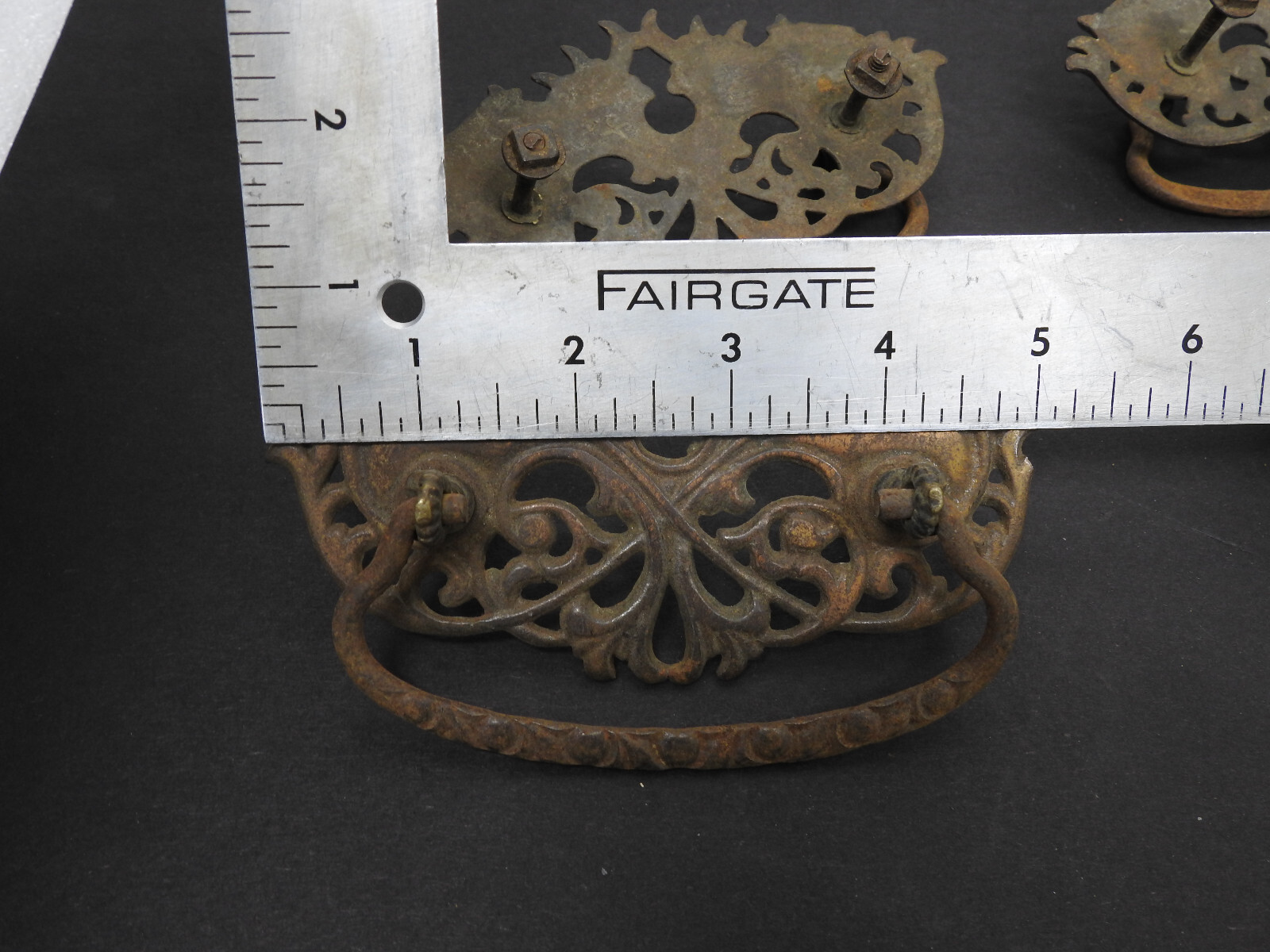 (4) Ornate Antique Cast Iron Drawer Pulls 5″w Bail Drop Handle Copper Flashed