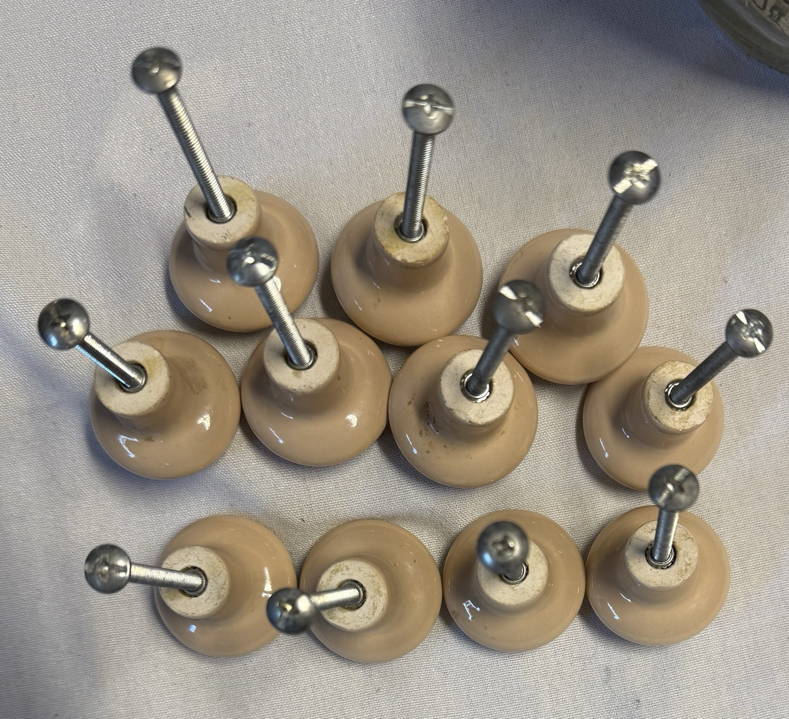 Vintage Lot of 11 Ceramic Beige Knobs Drawer Pulls