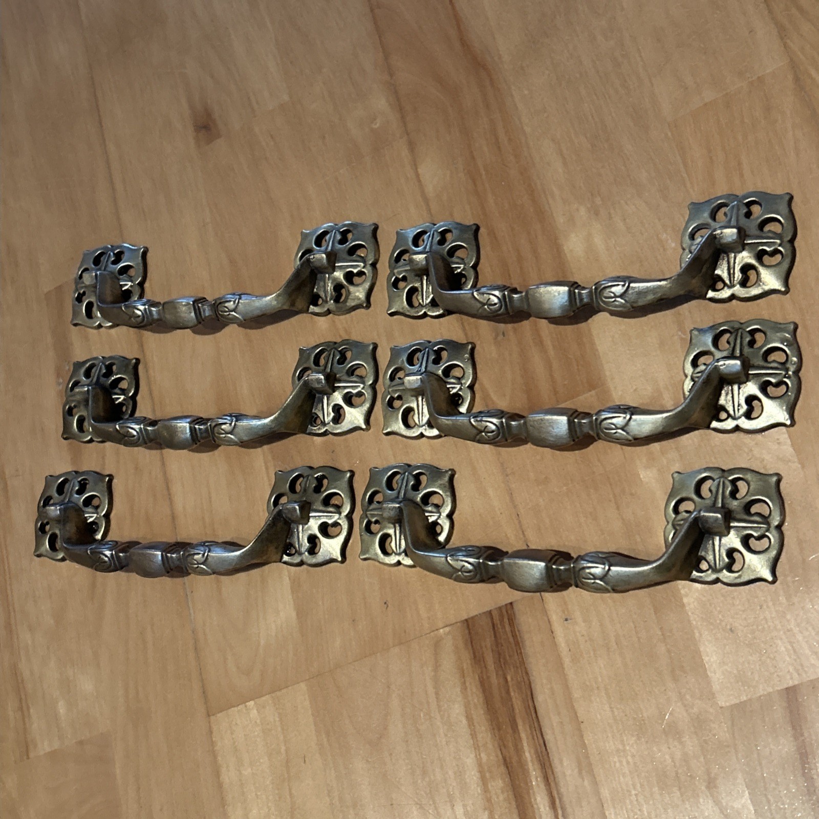 Set 6 Large Vintage 70s Solid Brass Celtic Drawer Handles Pulls 5 5/8” Centers