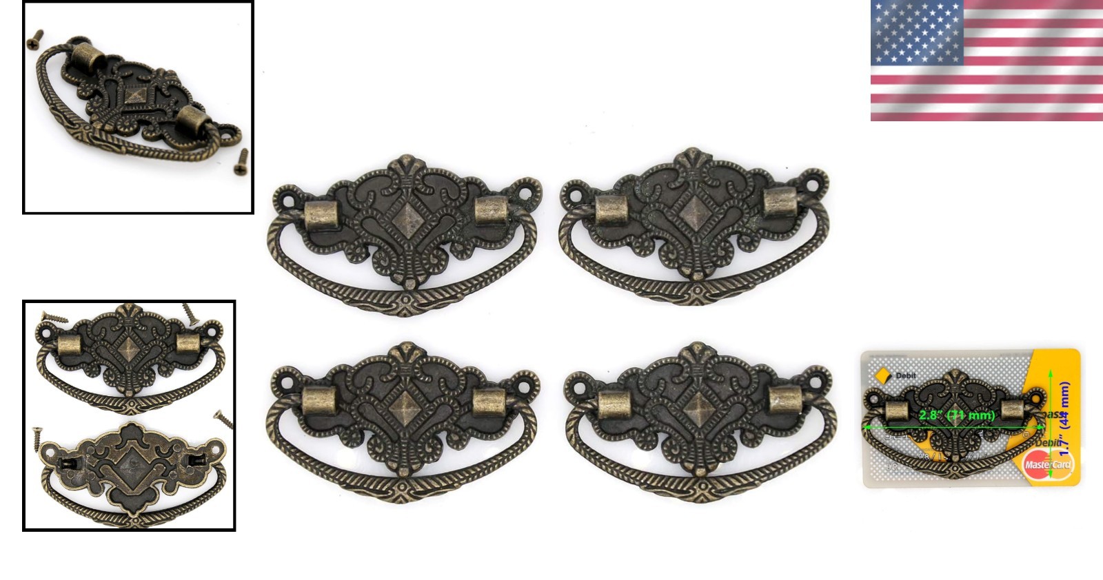 Stylish 4-Pack Vintage Brass Handles, Easy Installation for Cabinets & Cupboards