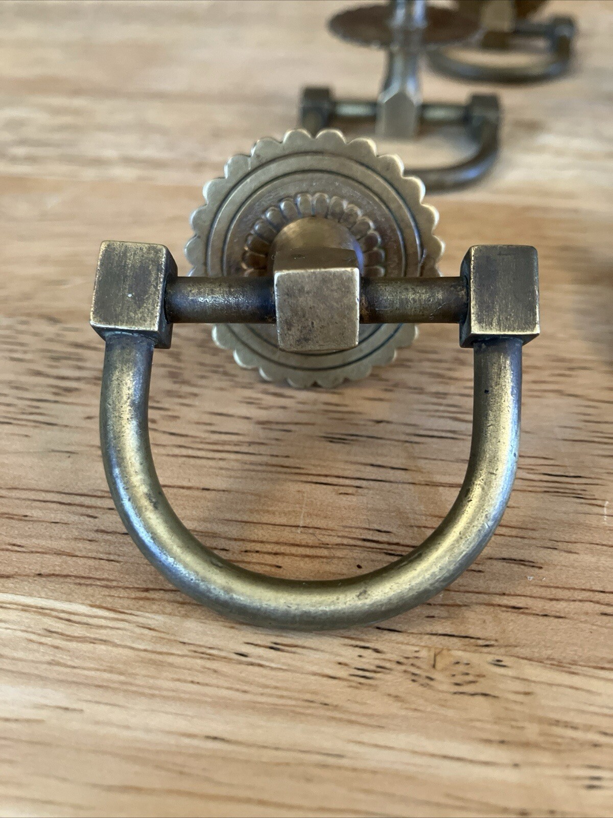 5 Antique Victorian Solid Brass Medallion Drop D-Ring Drawer Cabinet Pull Knobs