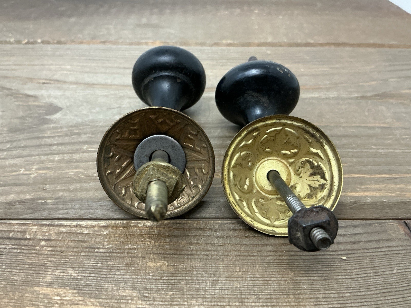 2 Antique Drop Drawer Pulls, Parts Brass Black Wood Teardrop Victorian/Edwardian