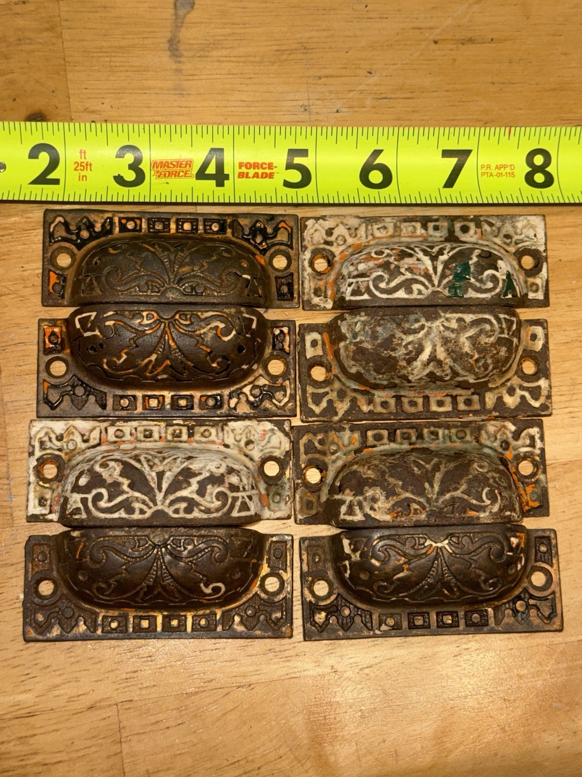 8 vintage VICTORIAN Art NOUVEAU cast IRON Eastlake CABINET drawer PULLS handles