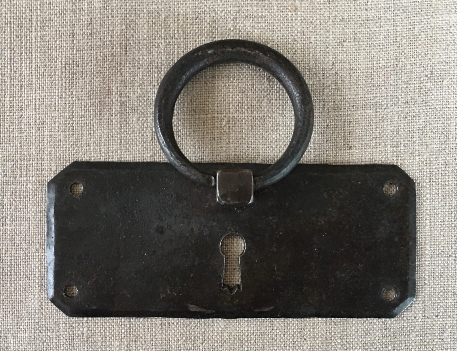 Vintage French Drawer Metal Hardware Drop Ring Pull Keyhole Cover Plate Salvage