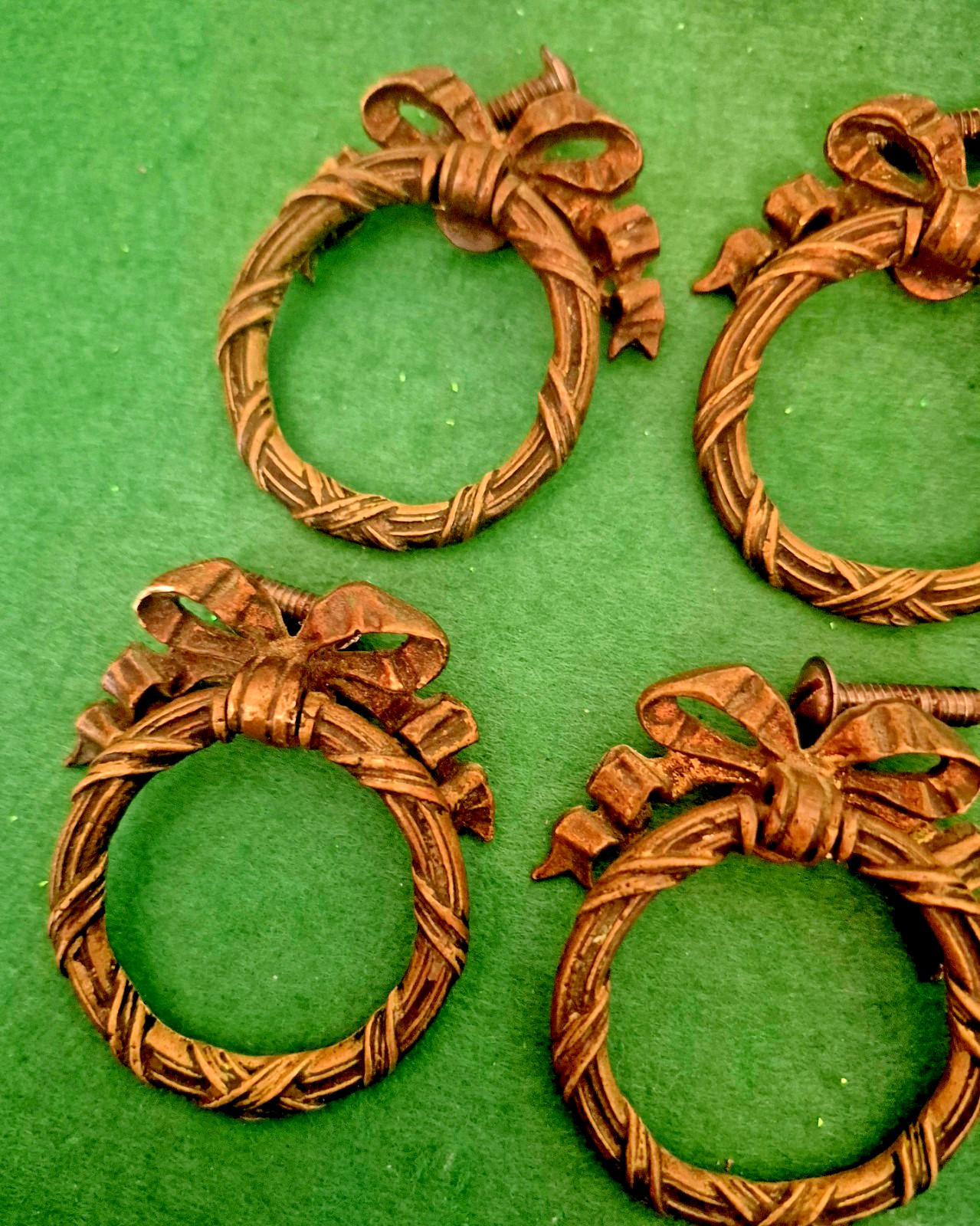 Antique Ribbon And Bow Ornate Bronze Brass Drawer Pull Rings 12 Set Art Nouveau!