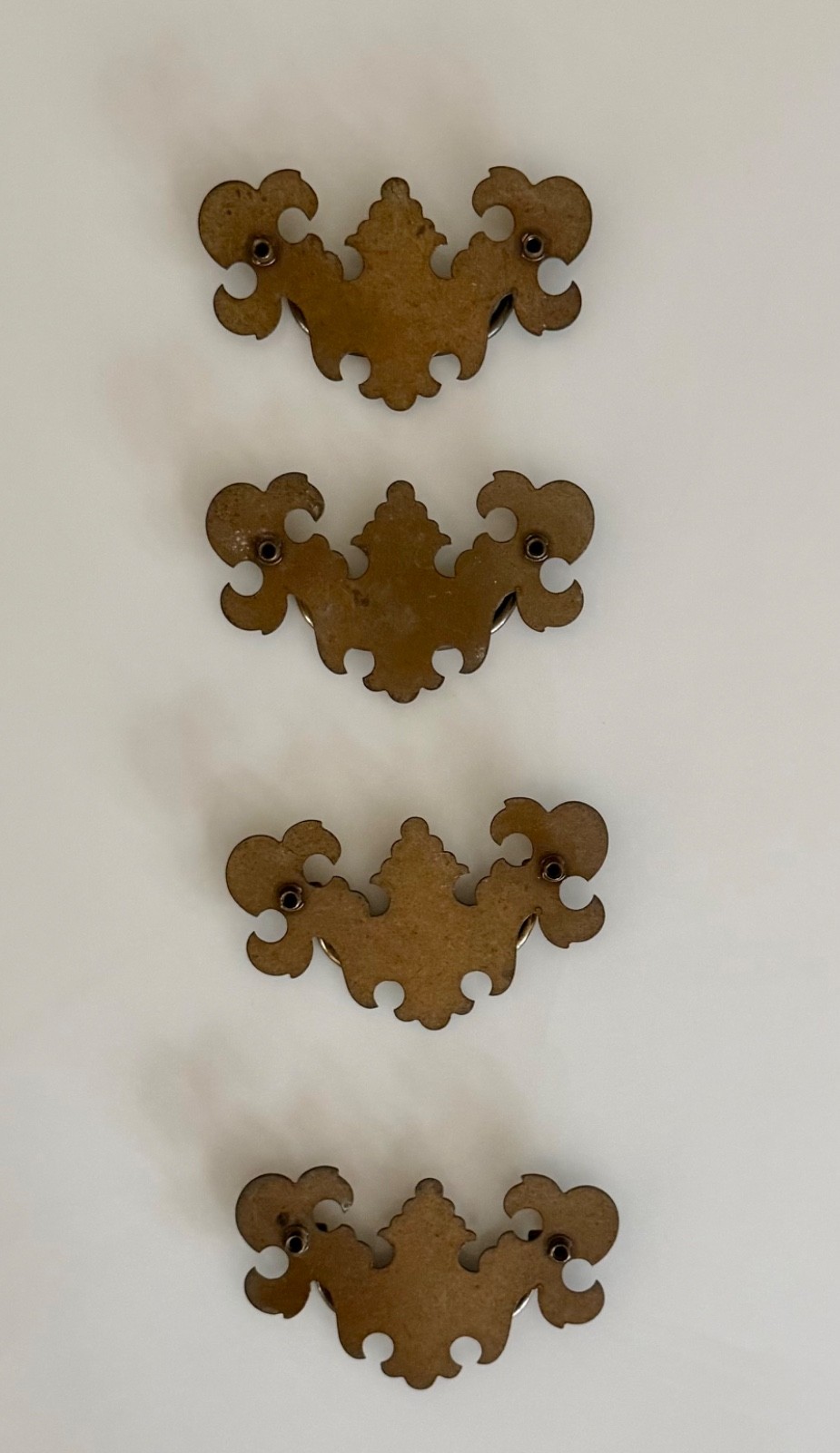 4 antique brass swing handle drawer pulls with screws Chippendale batwing