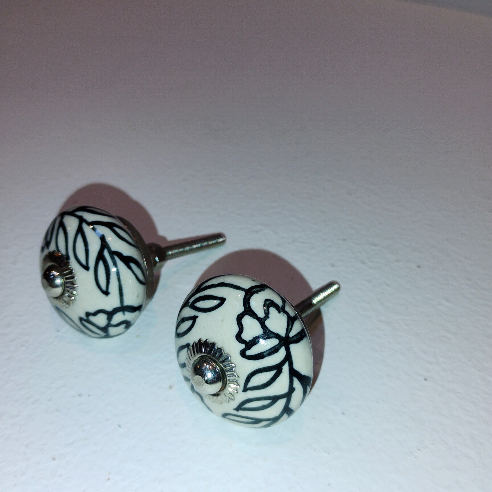 Ceramic Knobs Cabinet Drawer Handles Round Black White Floral Vine
