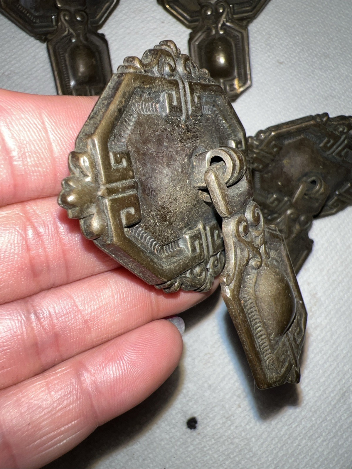4 VTG Brass Drawer Pulls Set Greek Key Art Deco Revival Cabinet Hardware