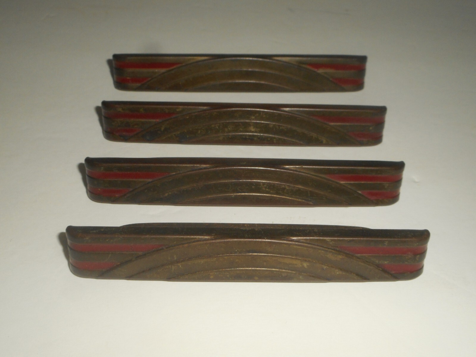 Antique ART DECO Dresser Drawer Pulls Pressed Metal WATERFALL ARCHES Red Paint 4