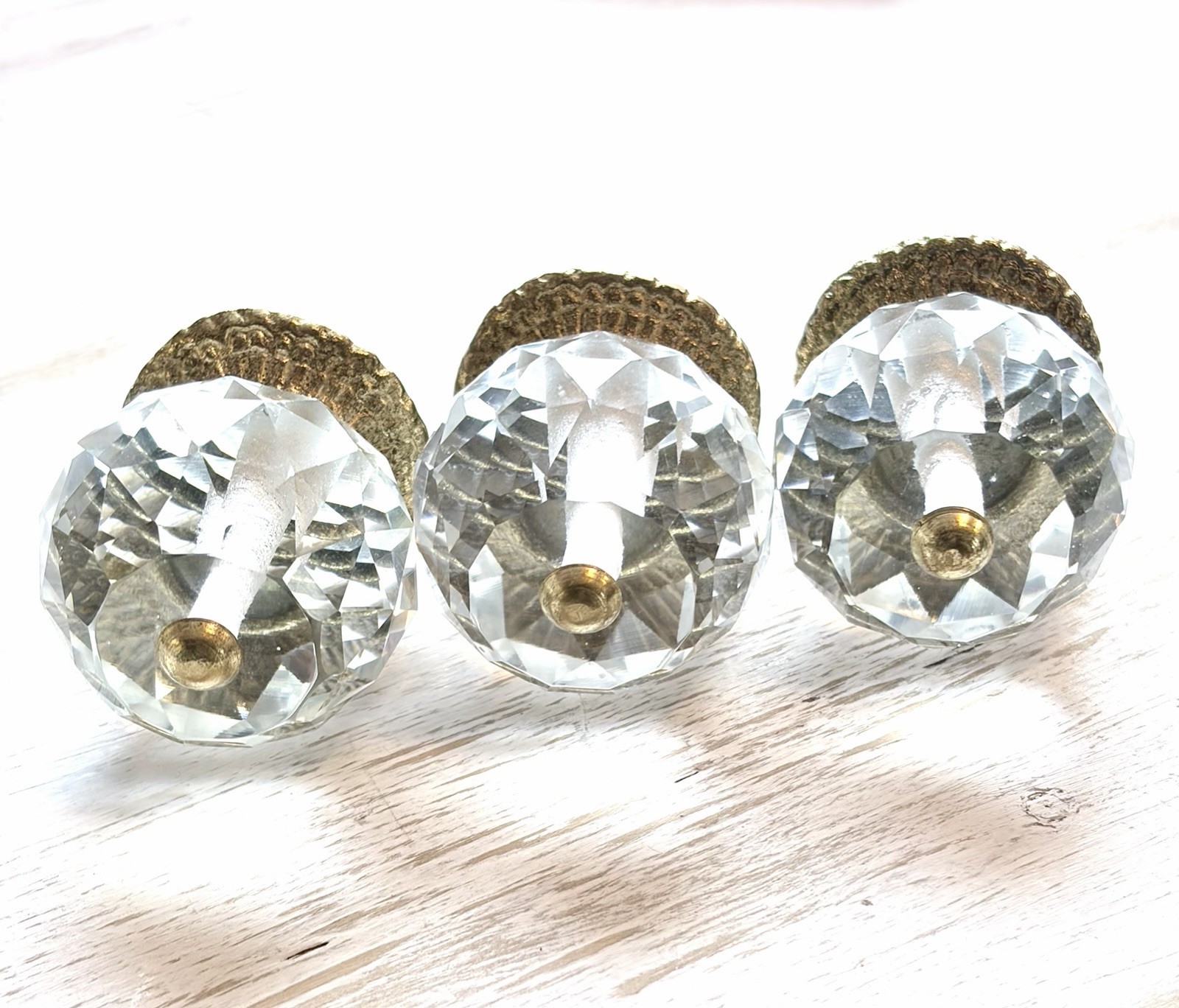 3 Large Crystal Glass & Brass Drawer Pulls VTG Cabinet Knobs Hollywood Regency