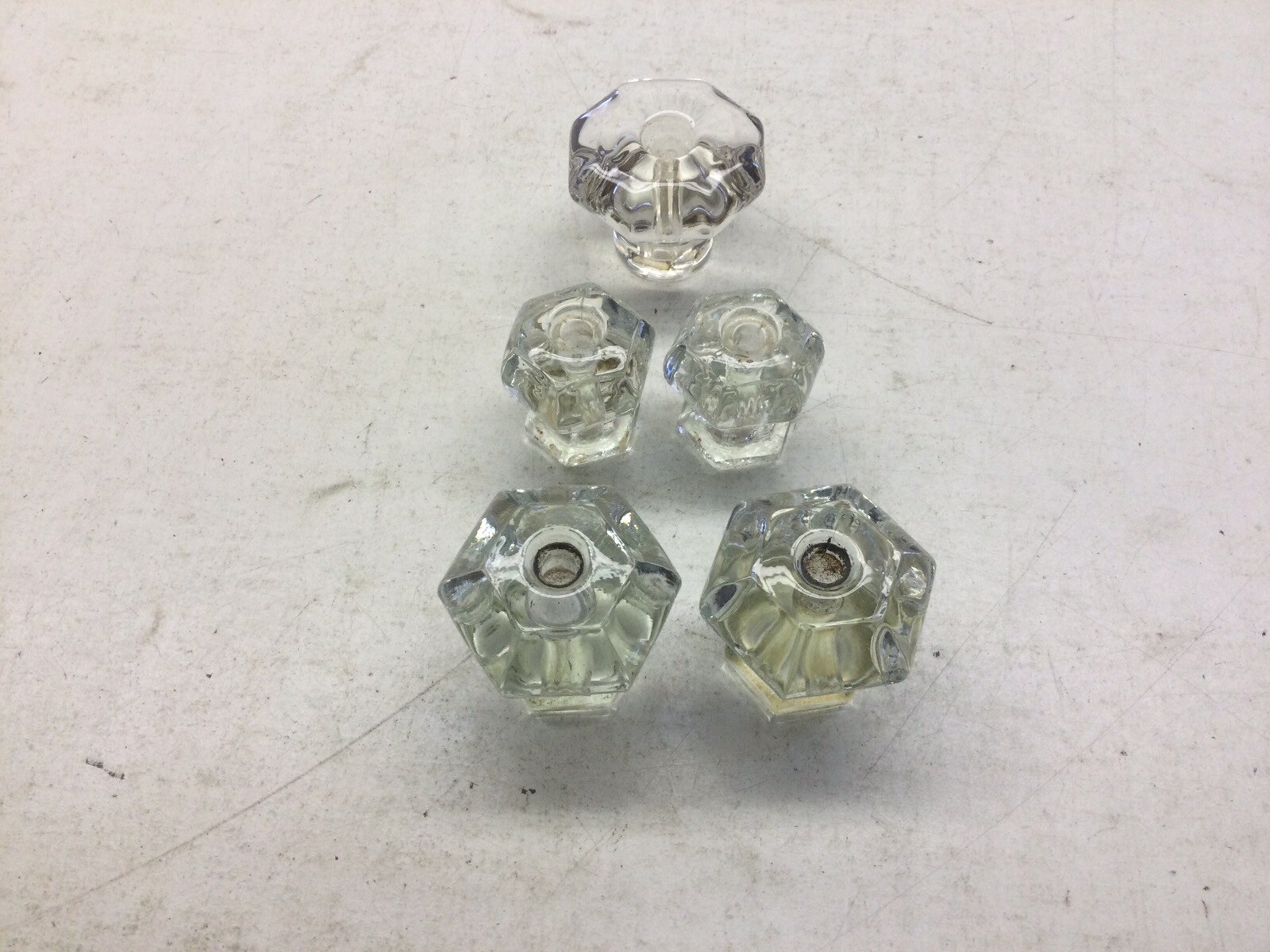 5) Antique Hexagon Glass Drawer Knob Pulls, Two Pairs, One Single