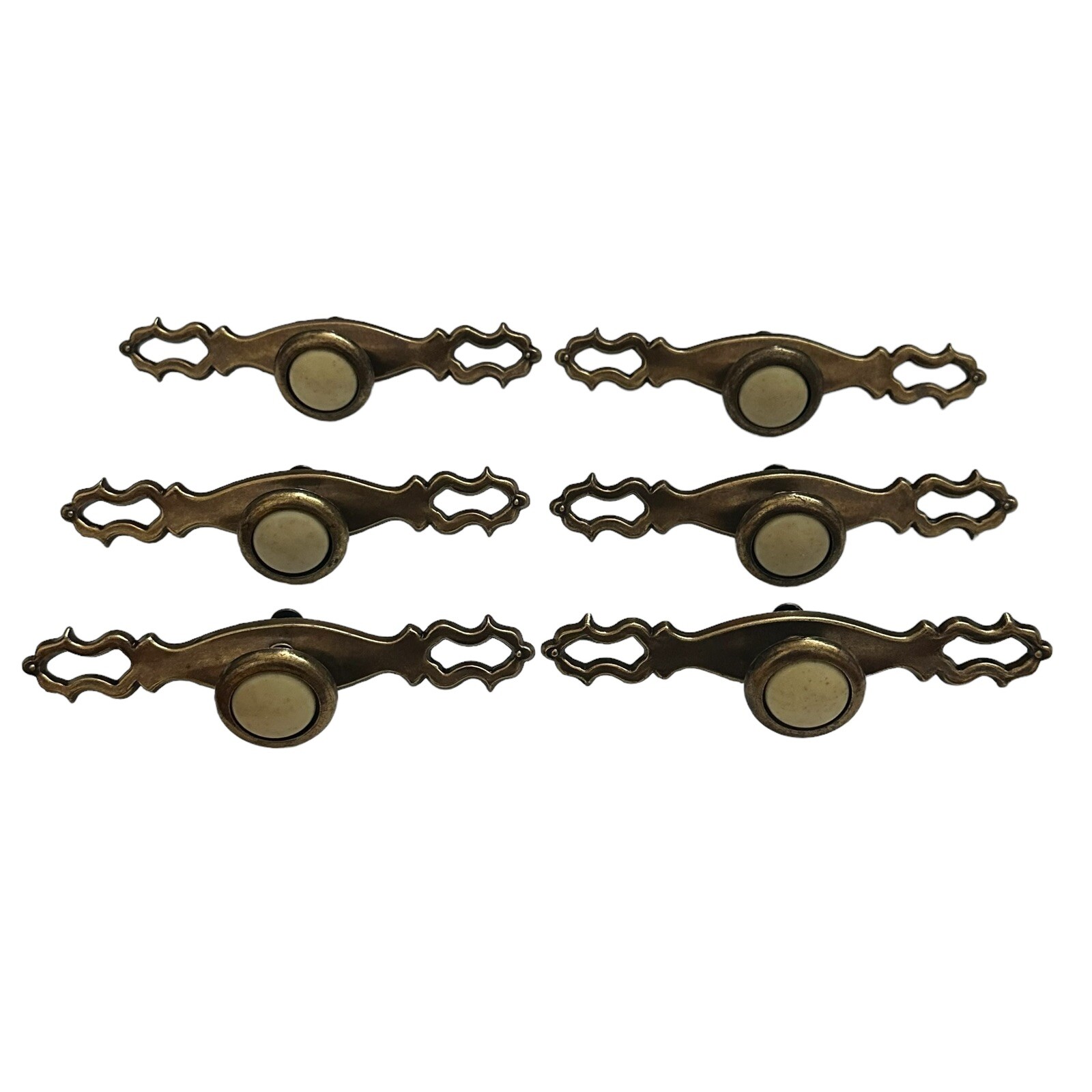 Lot Of 6 Brass and Beige Porcelain Vintage Drawer Pulls Knobs National Lock?