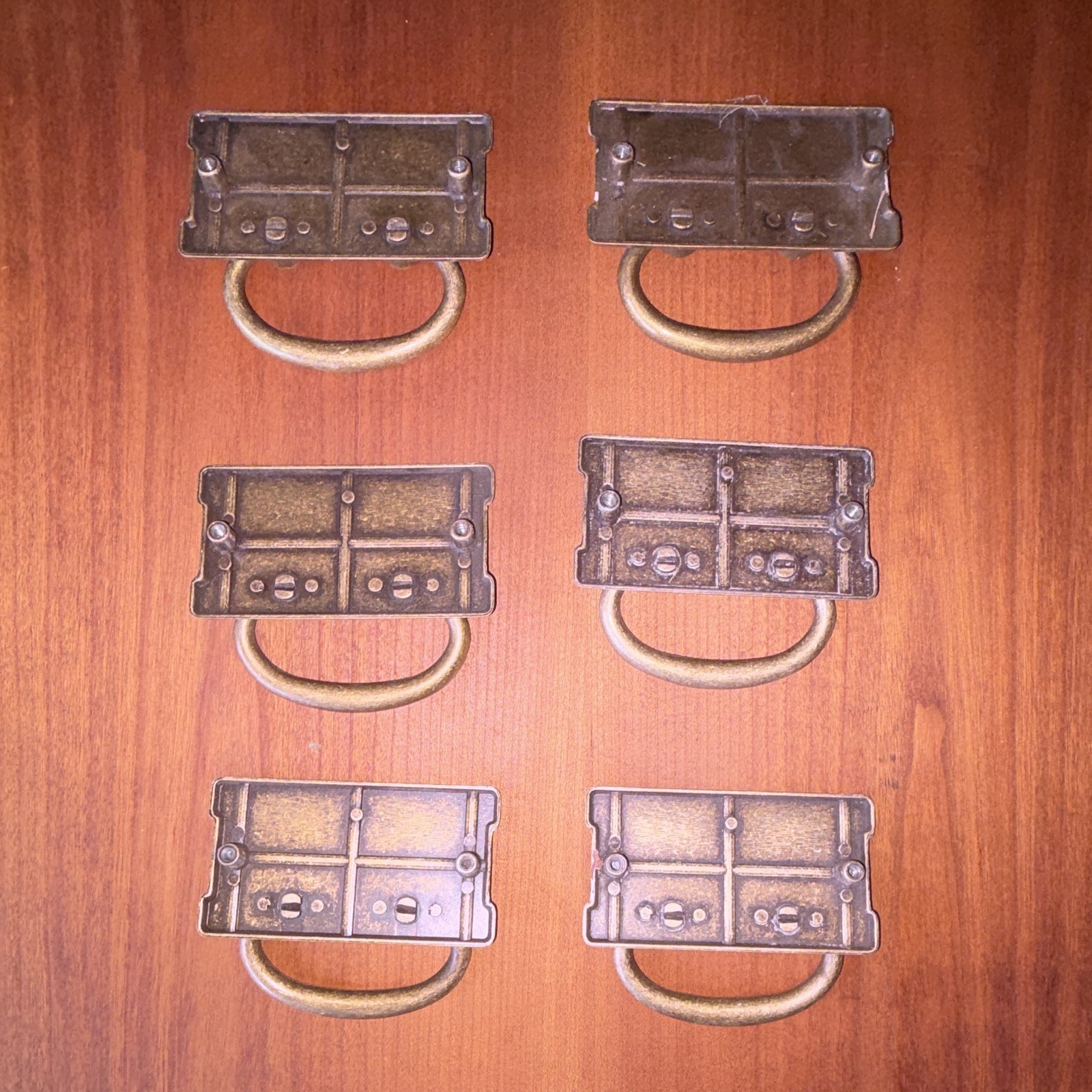 Set of 6 Vintage Metal Bail Drawer Pulls w/ Rectangular Backplates Bronze