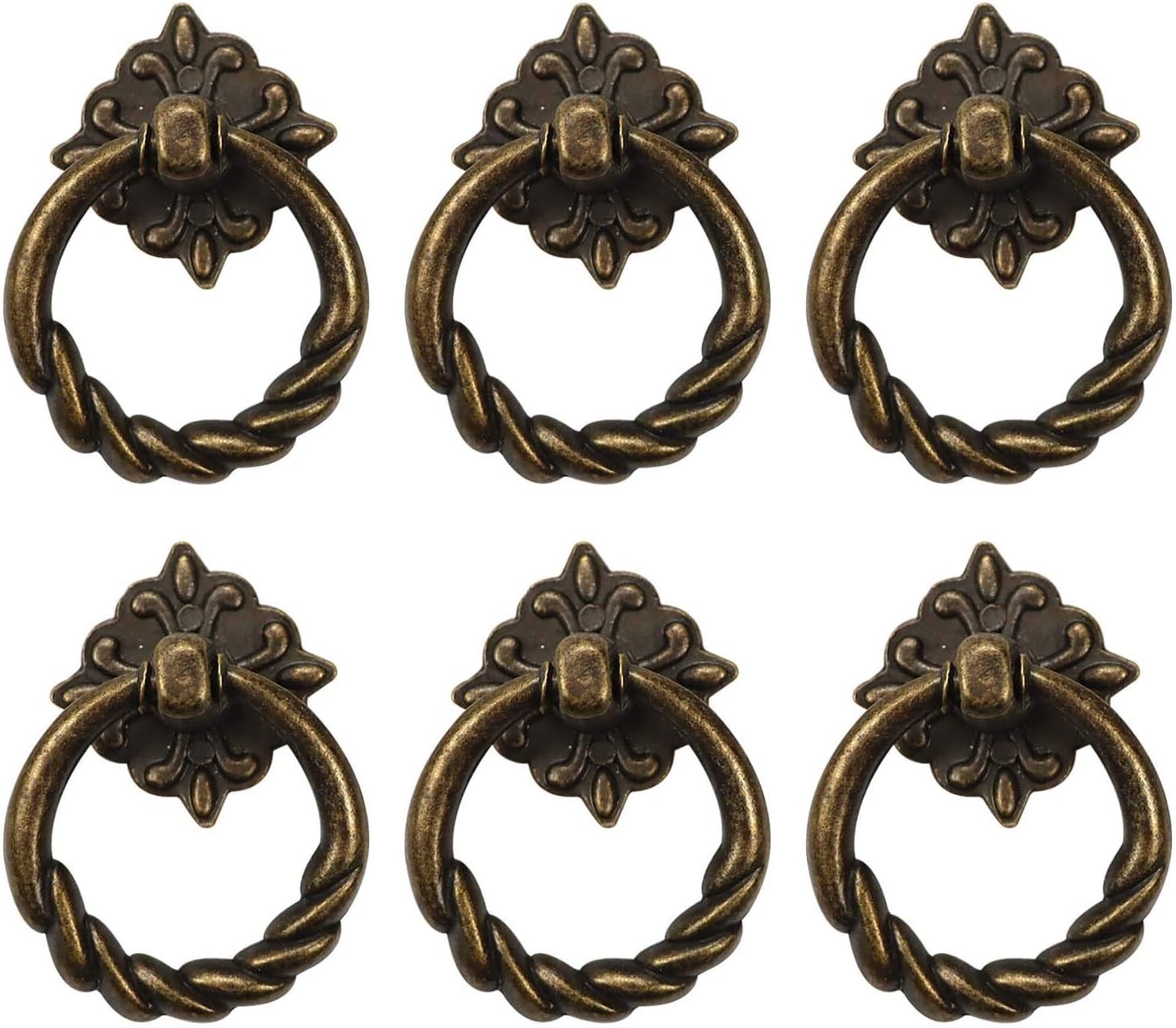 6pcs Vintage Bronze Drop Ring Knobs Pulls Handles with Screws for Dresser Drawer