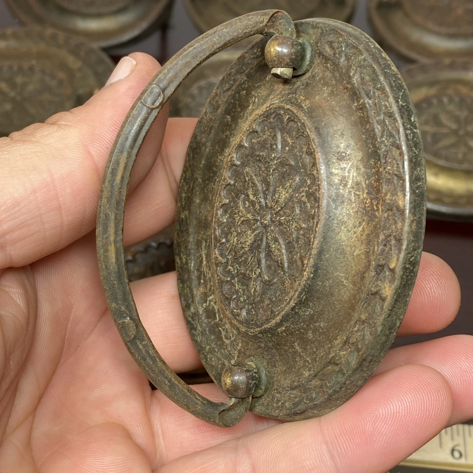 2.5” Hepplewhite Drop Bail Oval Antique Brass Plated 12 Vtg drawer Pulls handles