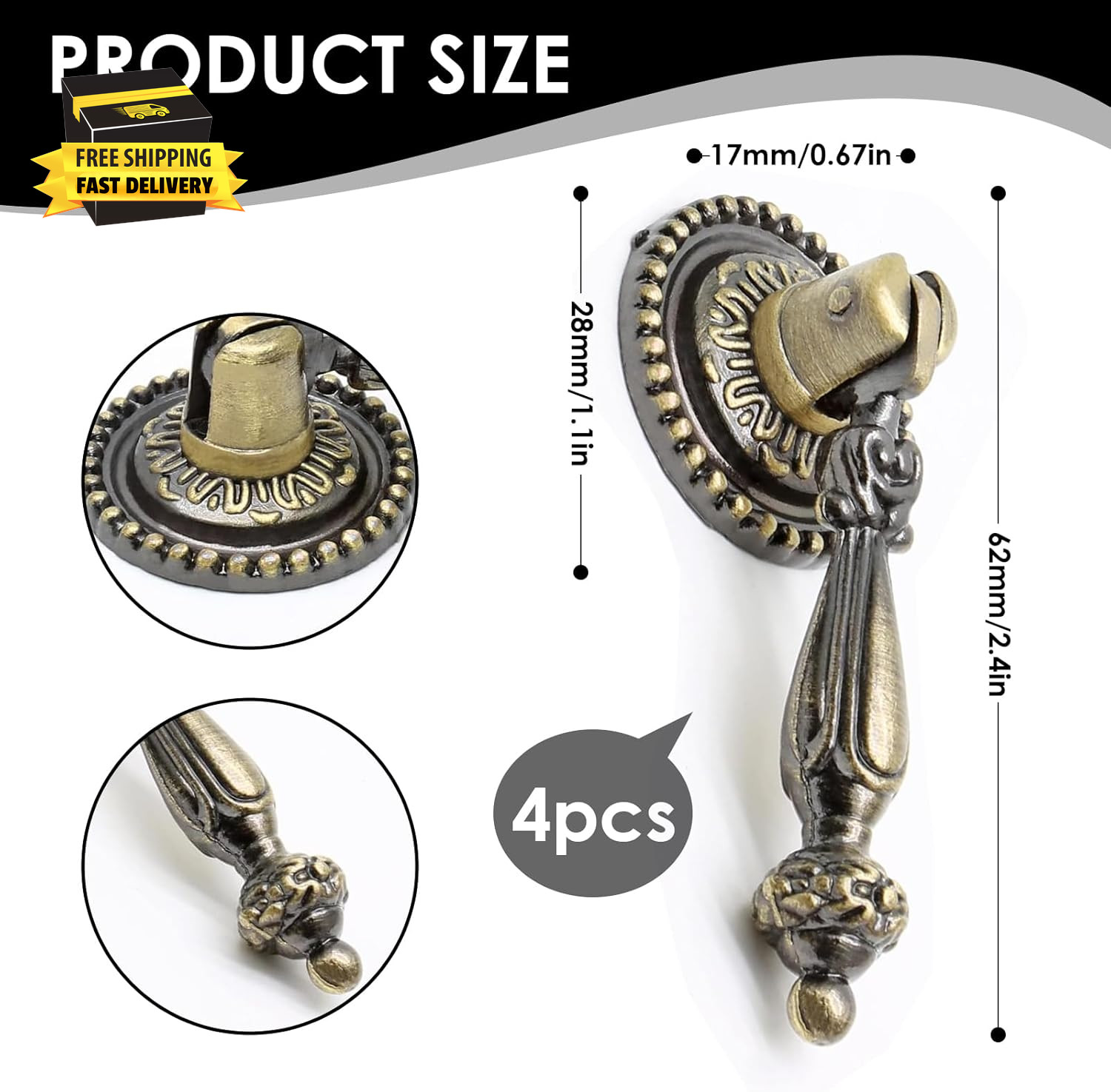 4 Pack Antique Bronze Cabinet Pull Handles – Vintage Tear Drop Drawer Knobs, Dec