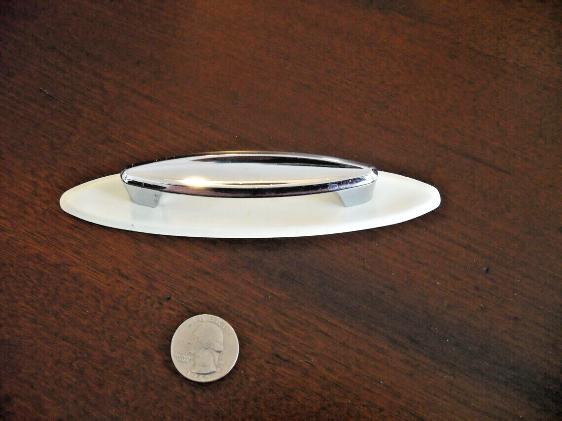 Vintage Chrome Concave Drawer Pull Cabinet Door Handle w White Backplate Ajax