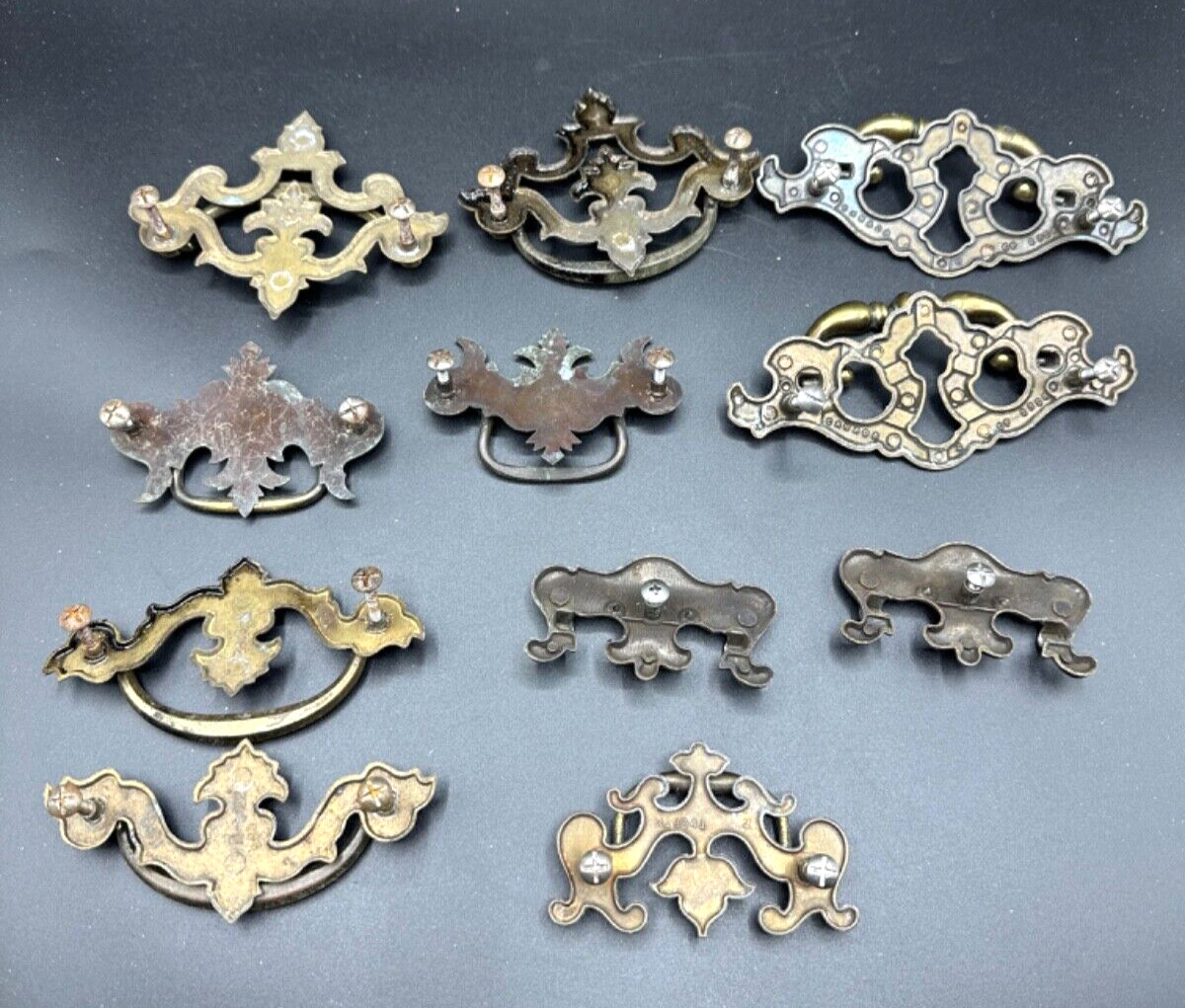 Vintage BRASS FURNITURE HANDLES DRAWER PULLS – 11 piece Variety