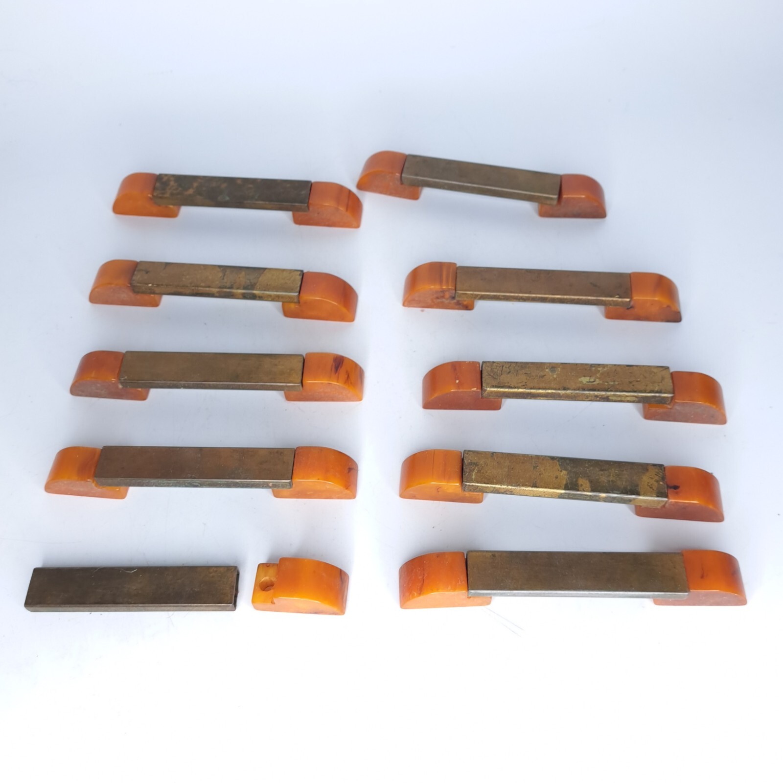 9 Antique ART DECO Butterscotch Bakelite Brass Plated Bar Drawer Pulls Reclaimed