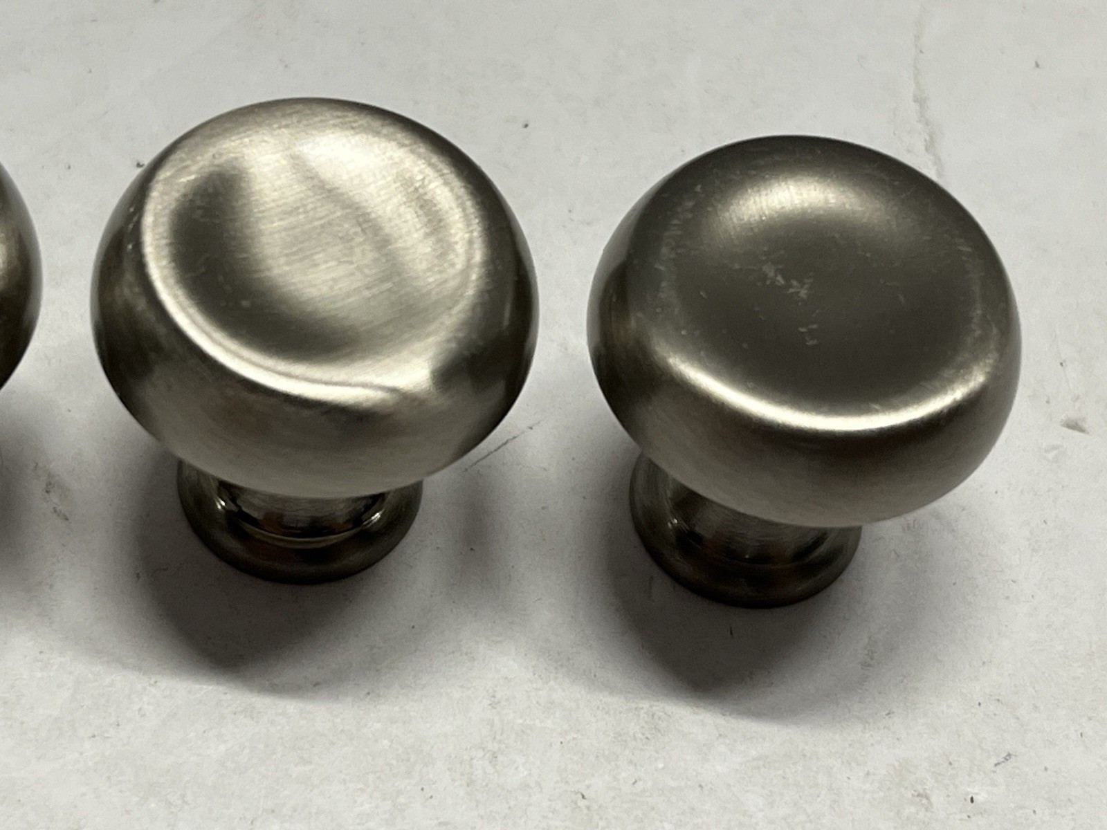 Vintage Lot (5) NOS Heavy Round Brushed Nickel ?? Fixed Drawer/Cabinet Knobs