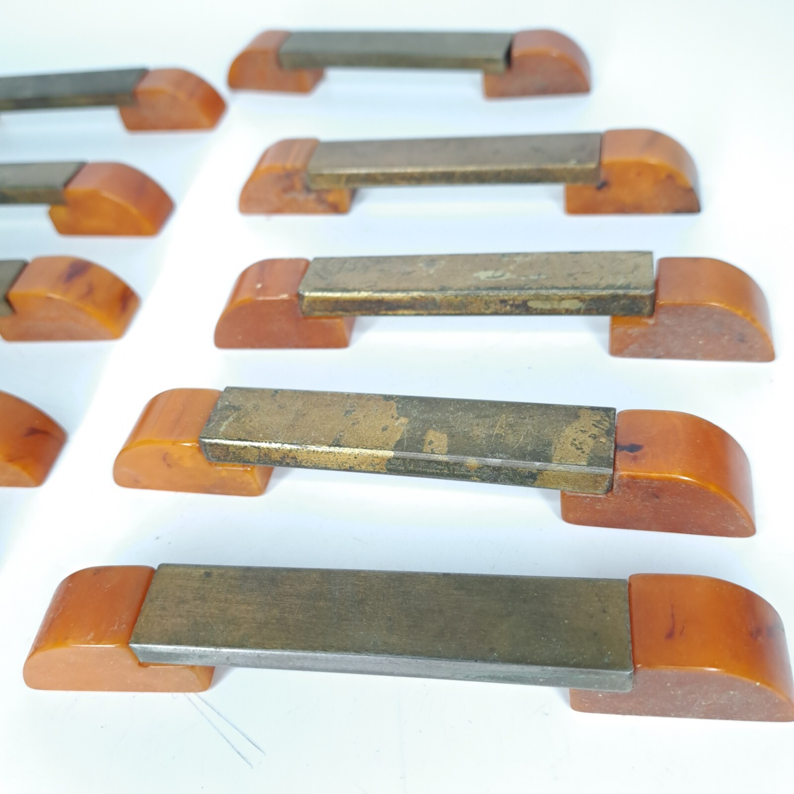 9 Antique ART DECO Butterscotch Bakelite Brass Plated Bar Drawer Pulls Reclaimed