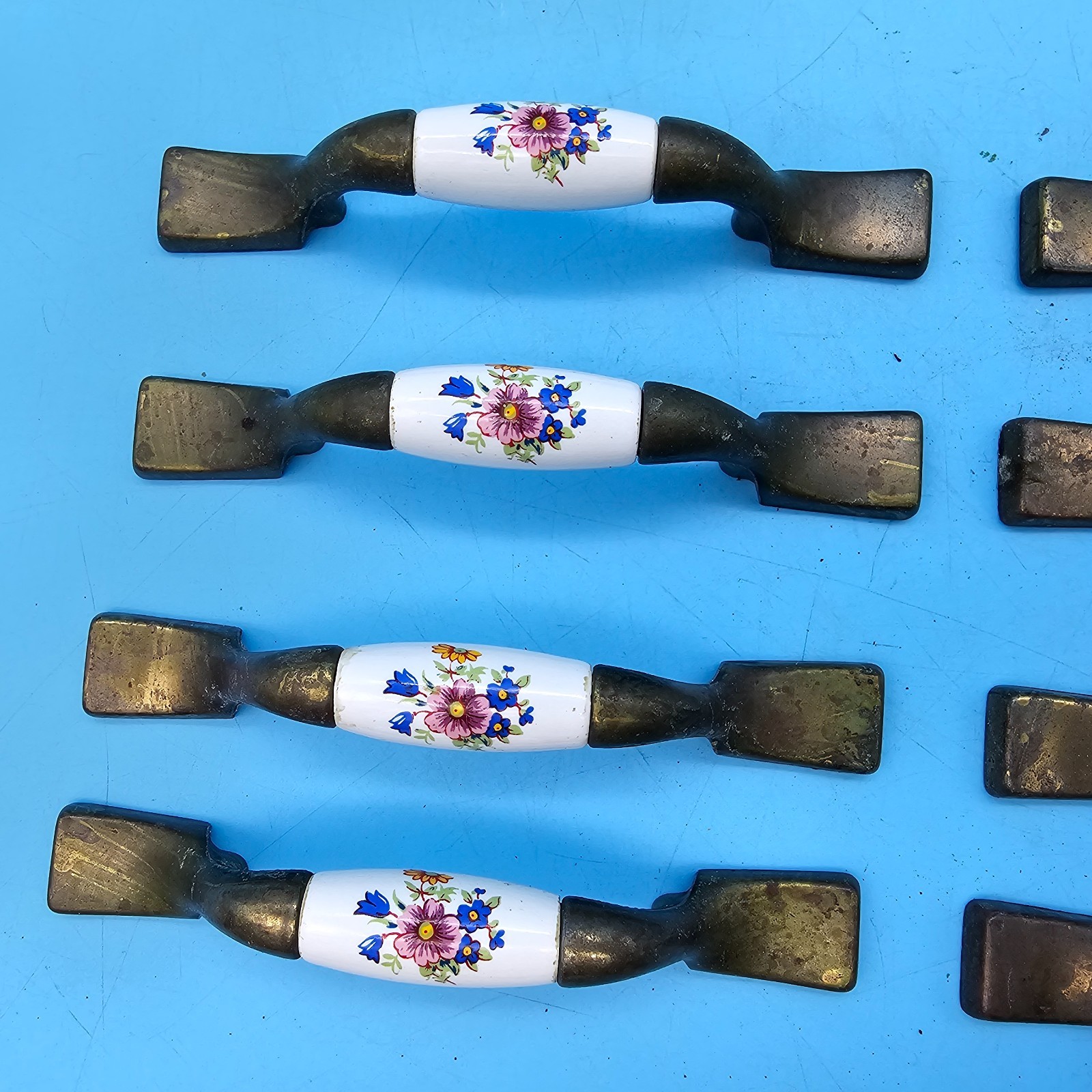 8 Vintage Floral Beige Ceramic Brass Amerock Cabinet Handles 3” Center #63854