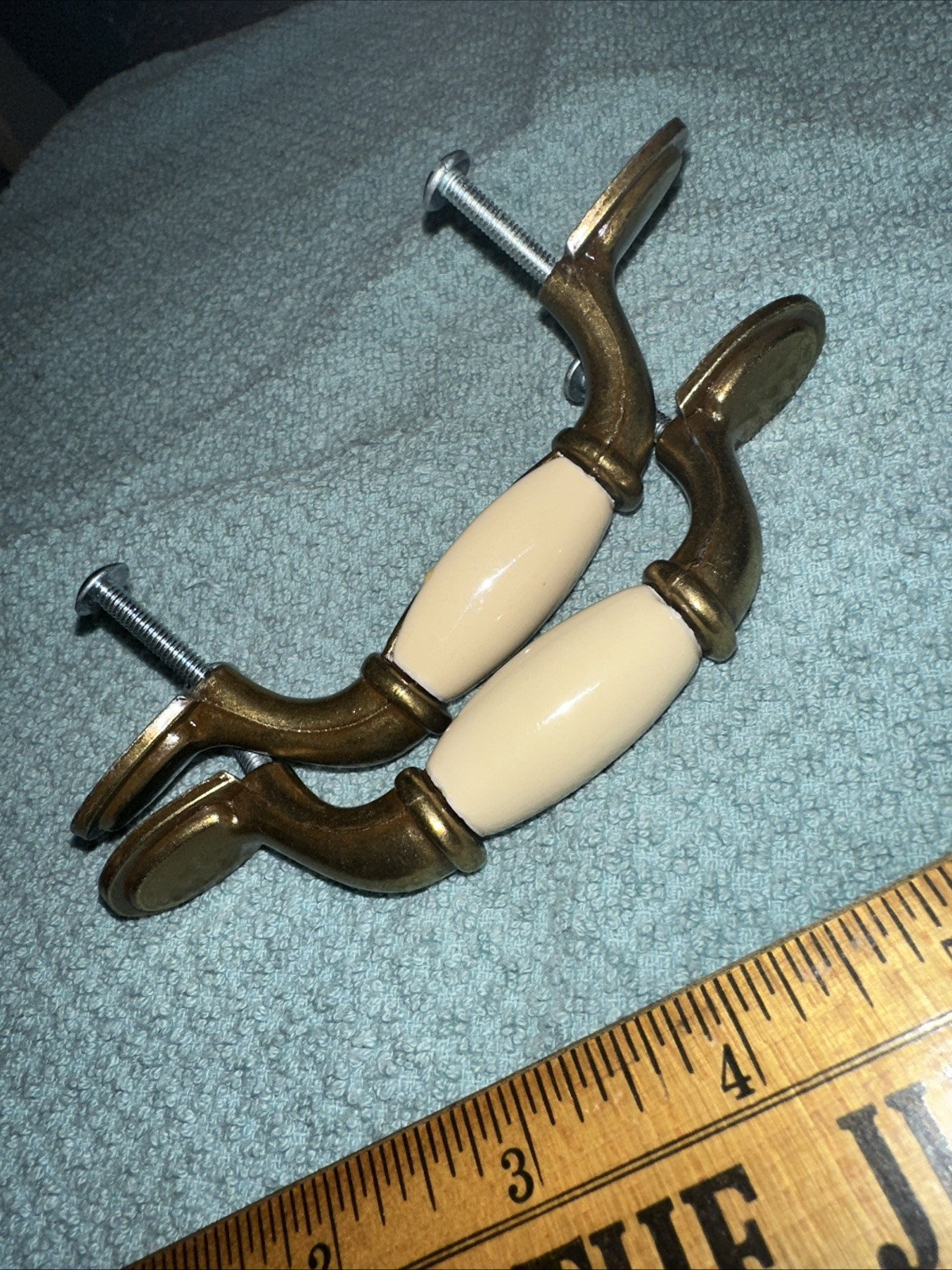 Cast Brass & Porcelain Drawer Handle Pulls Bureau Cabinet Door Elegant Cream
