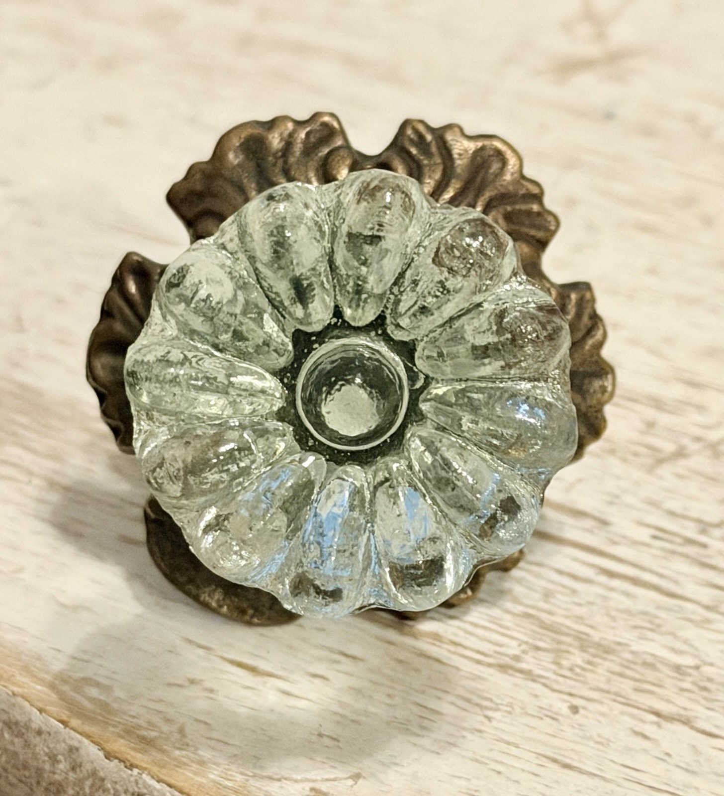 2 Antique Brass w/Glass Drawer Pulls Hardware Handles Vintage Cabinet Door Knob
