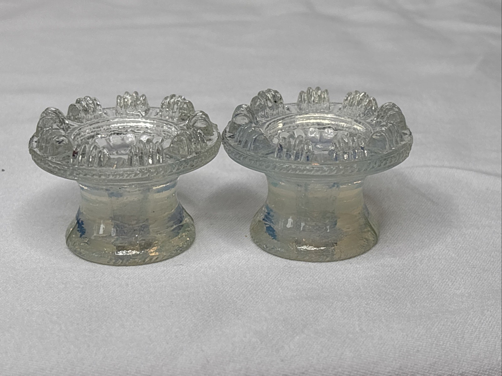 2 Antique Boston Sandwich Glass Floral Clam Broth Drawer Pulls 2” Iridescent