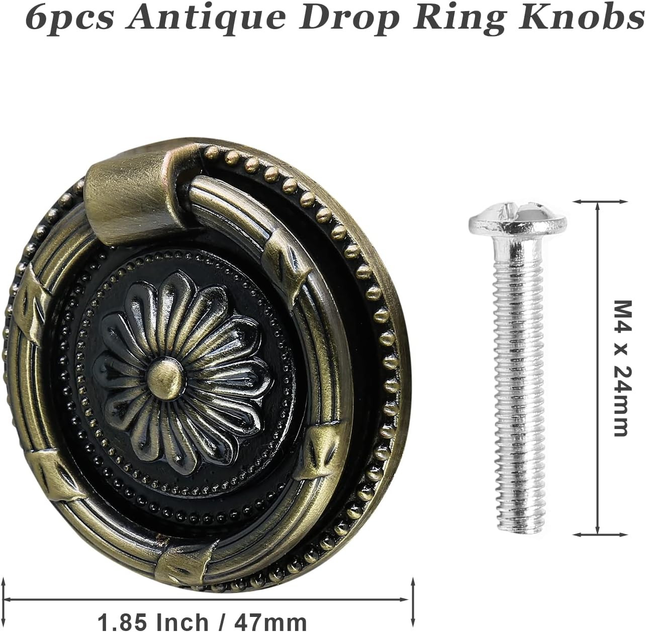6pcs Antique Bronze Cabinet Knobs, Drop Ring Drawer Pulls Round Dresser Knobs Ha